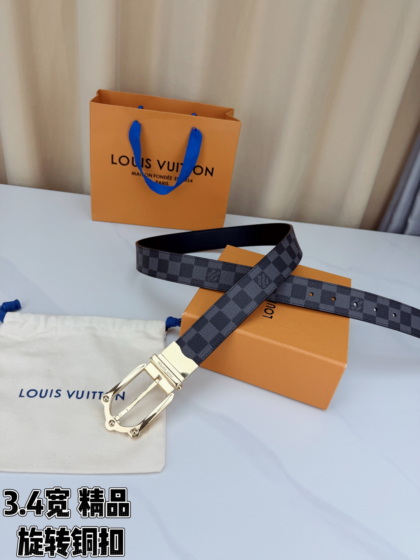 LV 3.4宽精品旋转铜扣腰带，黑色棋盘格涂层帆布，复古格纹经典耐看；铆钉马蹄针扣金/银/古白/古金四色色可选，可旋转双