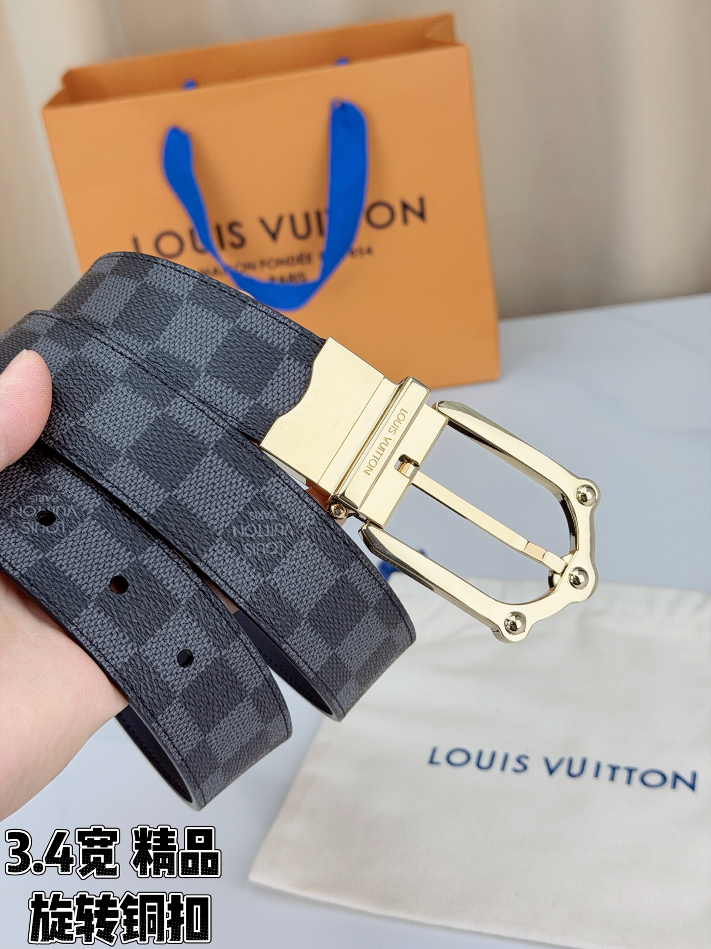 LV 3.4宽精品旋转铜扣腰带，黑色棋盘格涂层帆布，复古格纹经典耐看；铆钉马蹄针扣金/银/古白/古金四色色可选，可旋转双