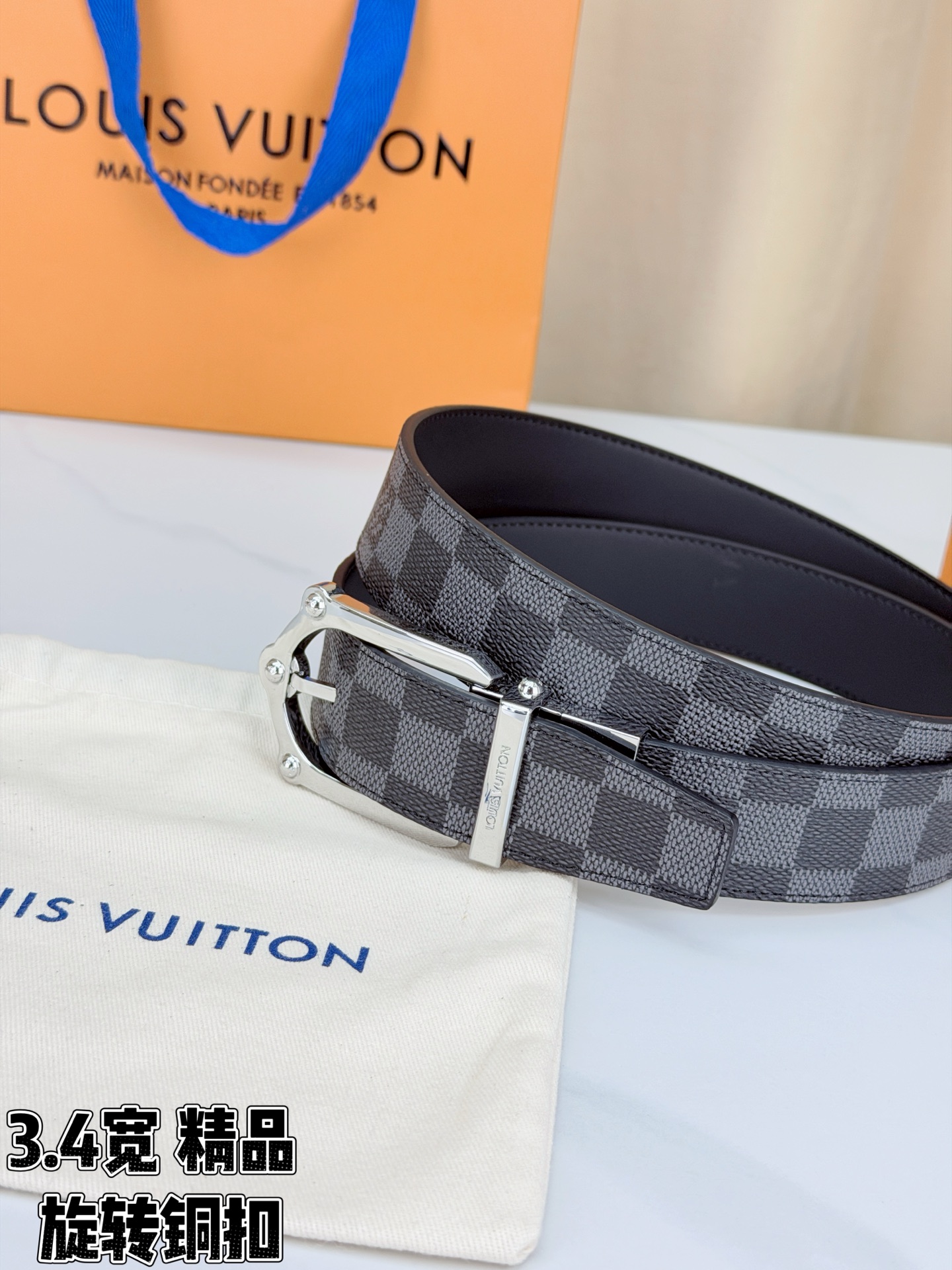 LV 3.4宽精品旋转铜扣腰带，黑色棋盘格涂层帆布，复古格纹经典耐看；铆钉马蹄针扣金/银/古白/古金四色色可选，可旋转双