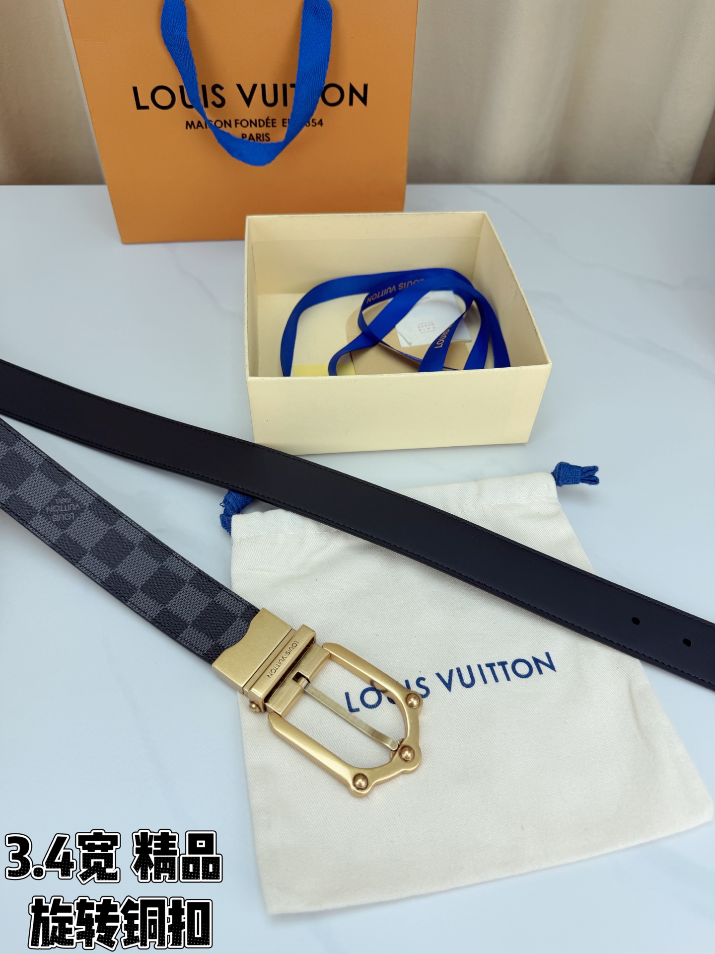 LV 3.4宽精品旋转铜扣腰带，黑色棋盘格涂层帆布，复古格纹经典耐看；铆钉马蹄针扣金/银/古白/古金四色色可选，可旋转双