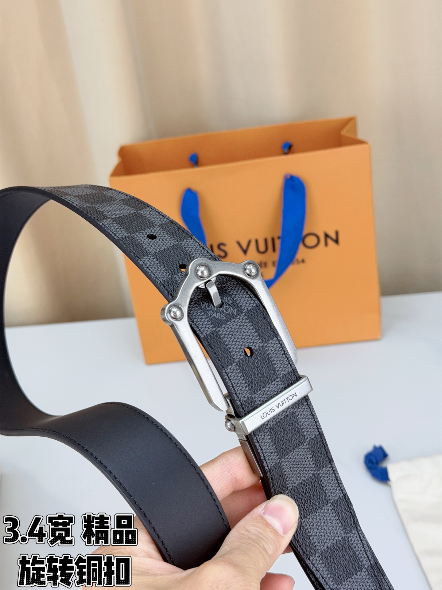 LV 3.4宽精品旋转铜扣腰带，黑色棋盘格涂层帆布，复古格纹经典耐看；铆钉马蹄针扣金/银/古白/古金四色色可选，可旋转双