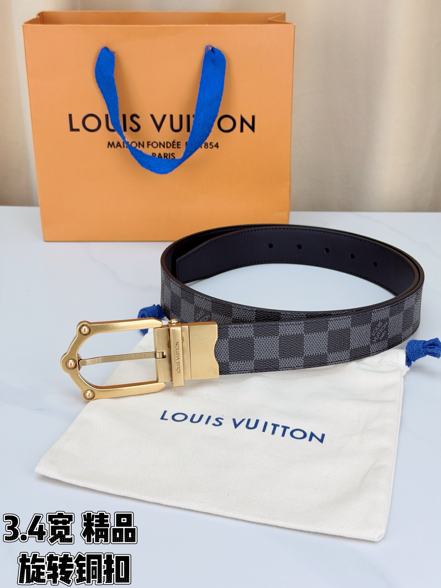 LV 3.4宽精品旋转铜扣腰带，黑色棋盘格涂层帆布，复古格纹经典耐看；铆钉马蹄针扣金/银/古白/古金四色色可选，可旋转双