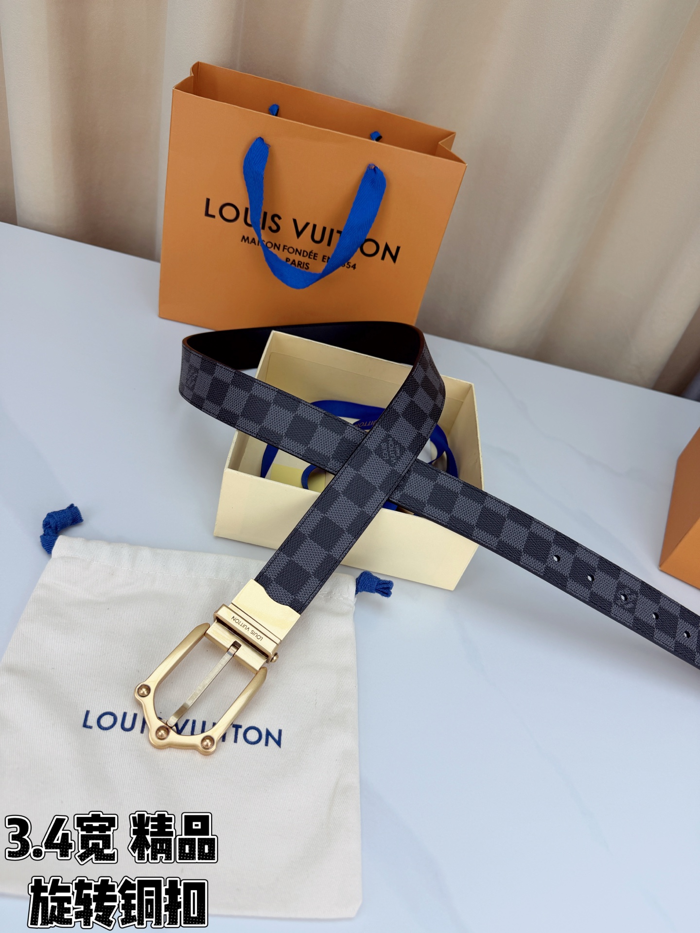 LV 3.4宽精品旋转铜扣腰带，黑色棋盘格涂层帆布，复古格纹经典耐看；铆钉马蹄针扣金/银/古白/古金四色色可选，可旋转双