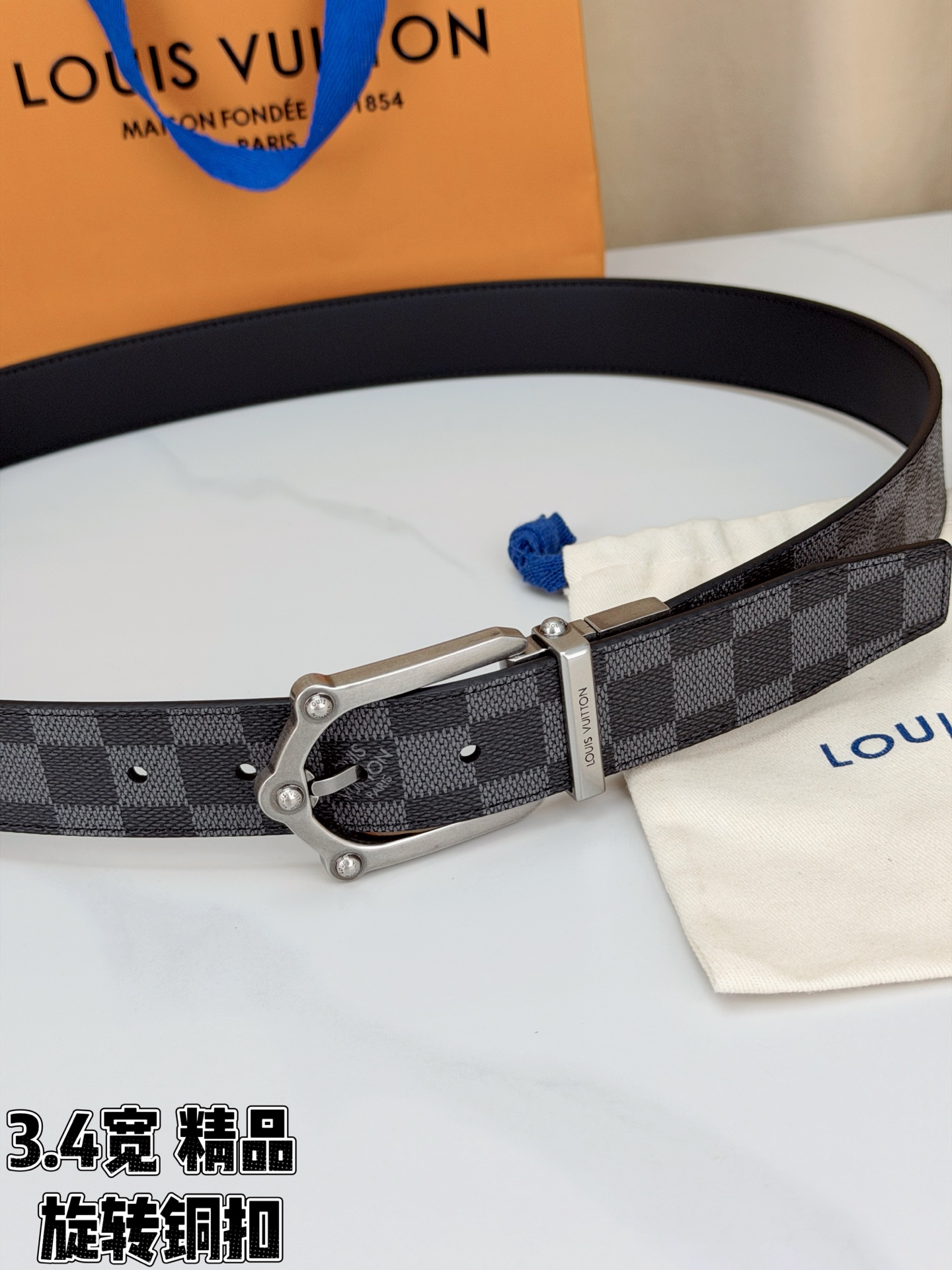 LV 3.4宽精品旋转铜扣腰带，黑色棋盘格涂层帆布，复古格纹经典耐看；铆钉马蹄针扣金/银/古白/古金四色色可选，可旋转双