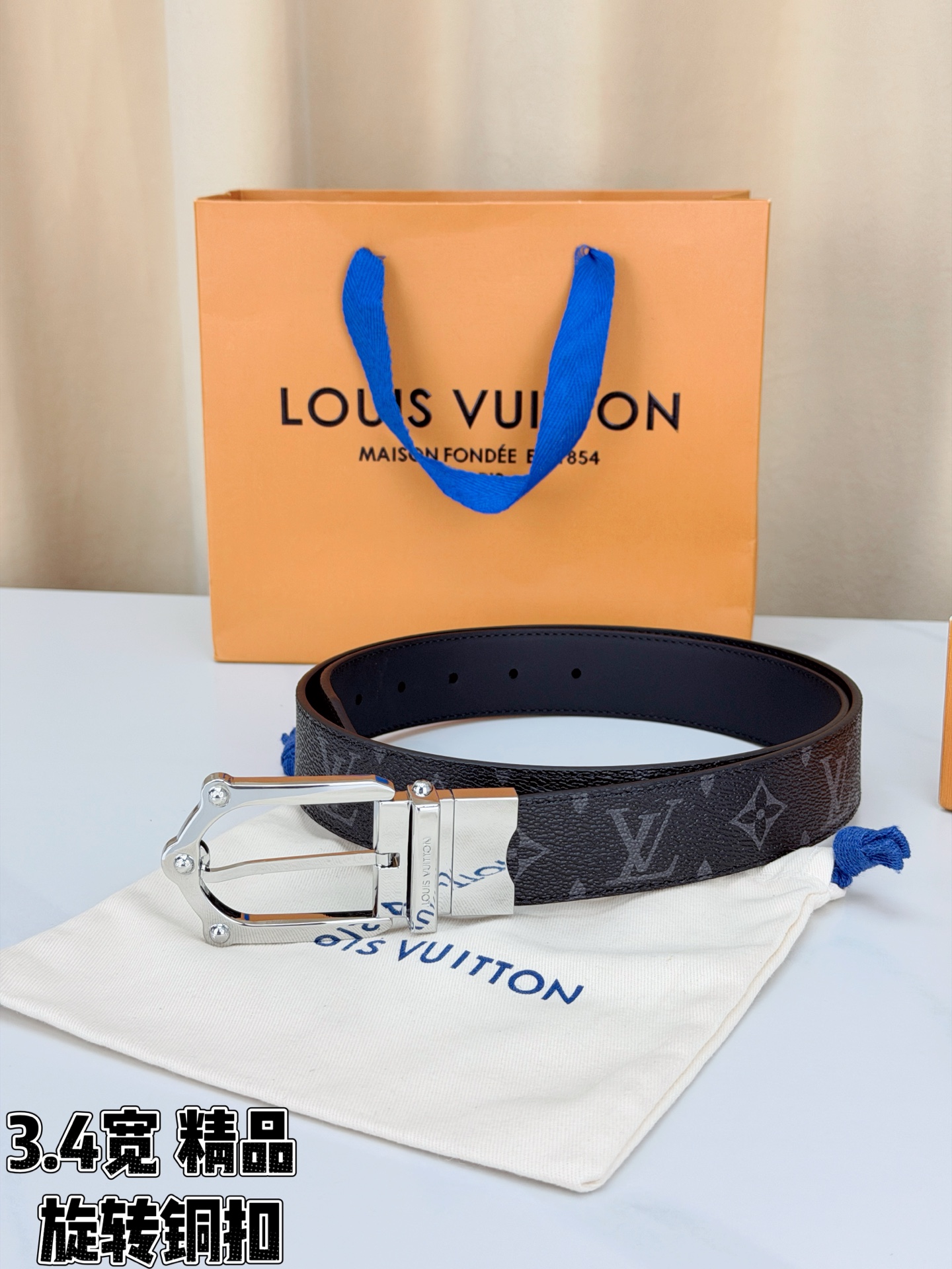 LV 3.4宽精品旋转铜扣腰带，黑老花涂层帆布，复古格纹经典耐看；铆钉马蹄针扣金/银/古白/古金四色色可选，可旋转双面结