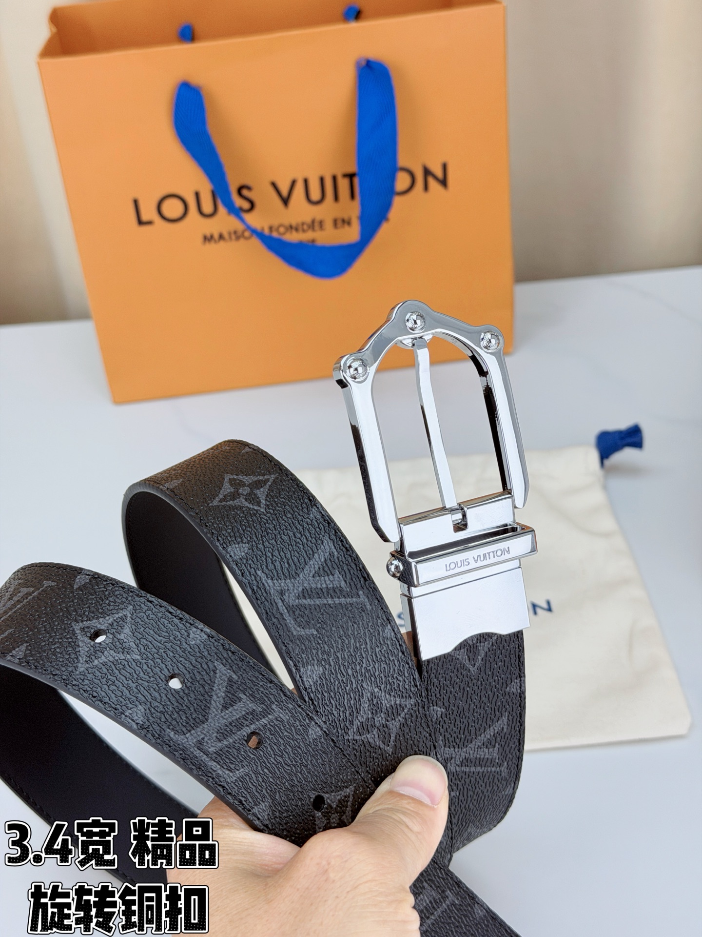 LV 3.4宽精品旋转铜扣腰带，黑老花涂层帆布，复古格纹经典耐看；铆钉马蹄针扣金/银/古白/古金四色色可选，可旋转双面结