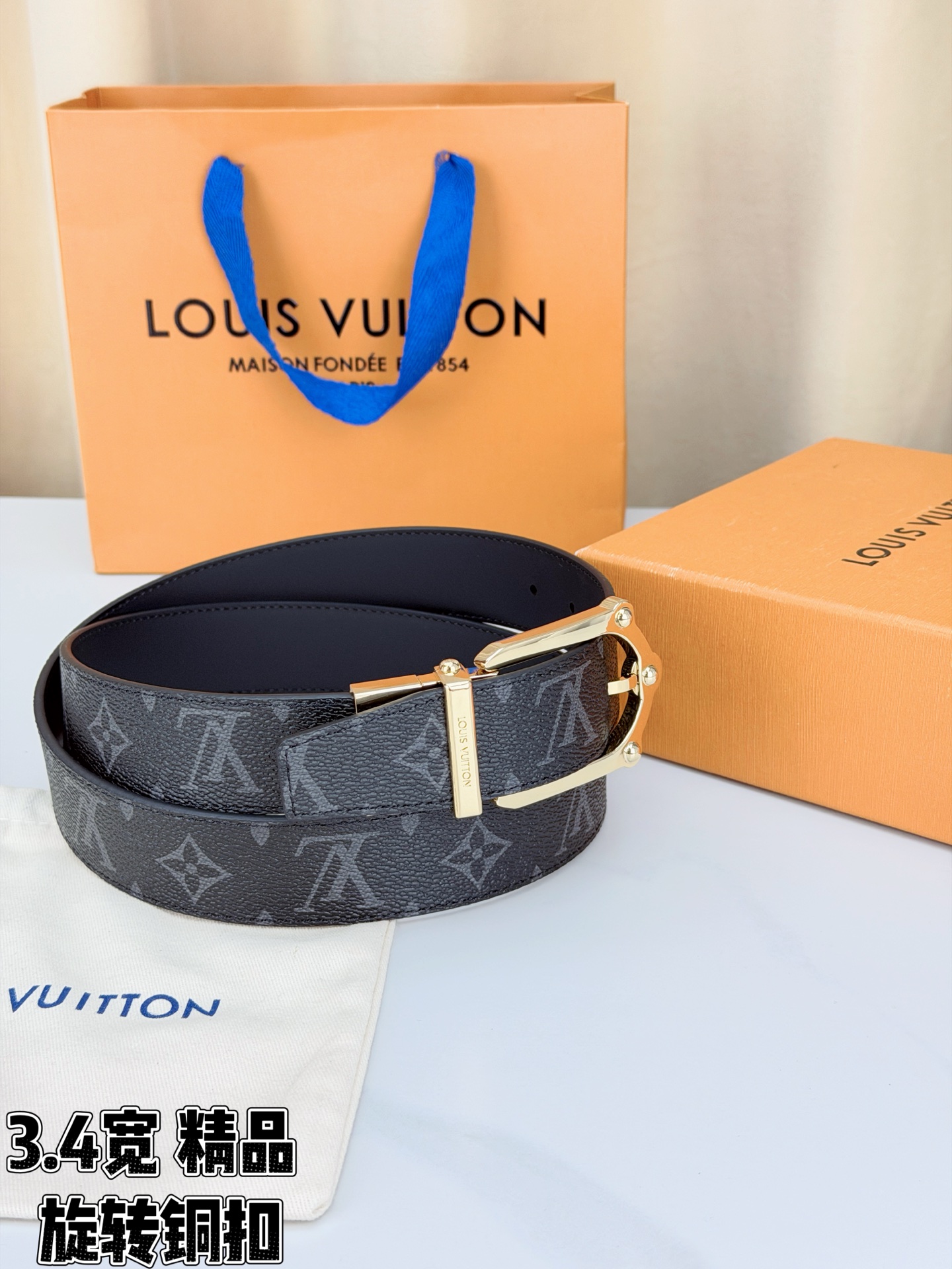 LV 3.4宽精品旋转铜扣腰带，黑老花涂层帆布，复古格纹经典耐看；铆钉马蹄针扣金/银/古白/古金四色色可选，可旋转双面结