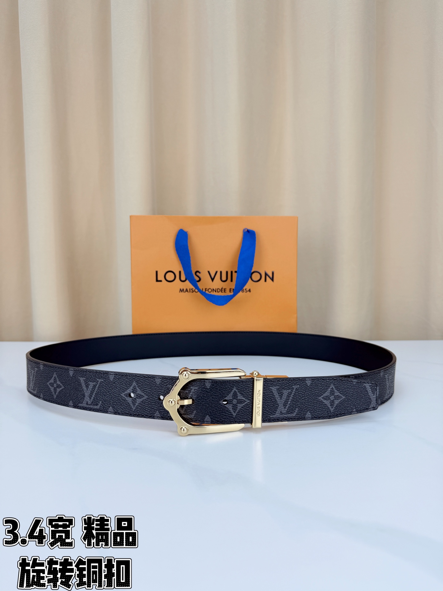 LV 3.4宽精品旋转铜扣腰带,黑老花涂层帆布,复古格纹经典耐看;铆钉马蹄针扣金/银/古白/古金四色色可选,可旋转双面结 LV 3.4宽精品旋转铜扣腰带,黑老花涂层帆布,复古格纹经典耐看;铆钉马蹄针扣金/银/古白/古金四色色可选,可旋转双面结