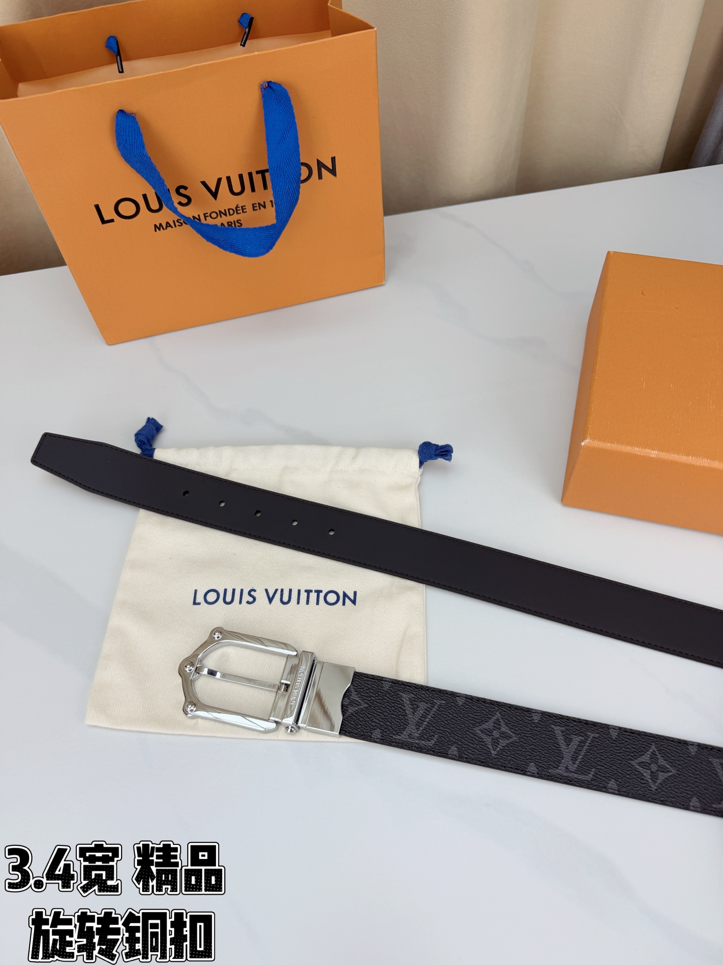 LV 3.4宽精品旋转铜扣腰带，黑老花涂层帆布，复古格纹经典耐看；铆钉马蹄针扣金/银/古白/古金四色色可选，可旋转双面结