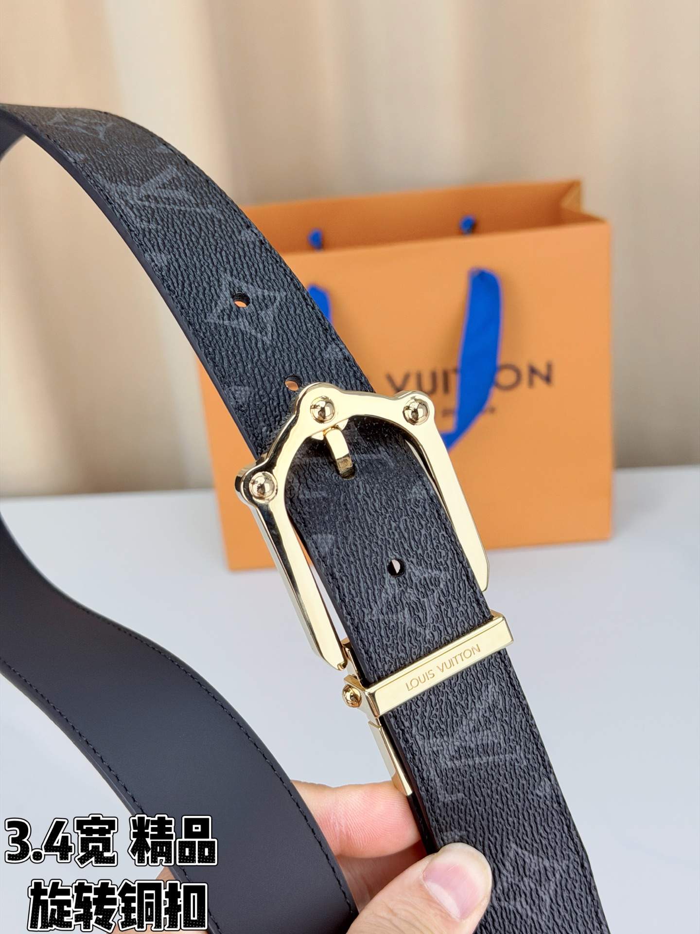 LV 3.4宽精品旋转铜扣腰带，黑老花涂层帆布，复古格纹经典耐看；铆钉马蹄针扣金/银/古白/古金四色色可选，可旋转双面结