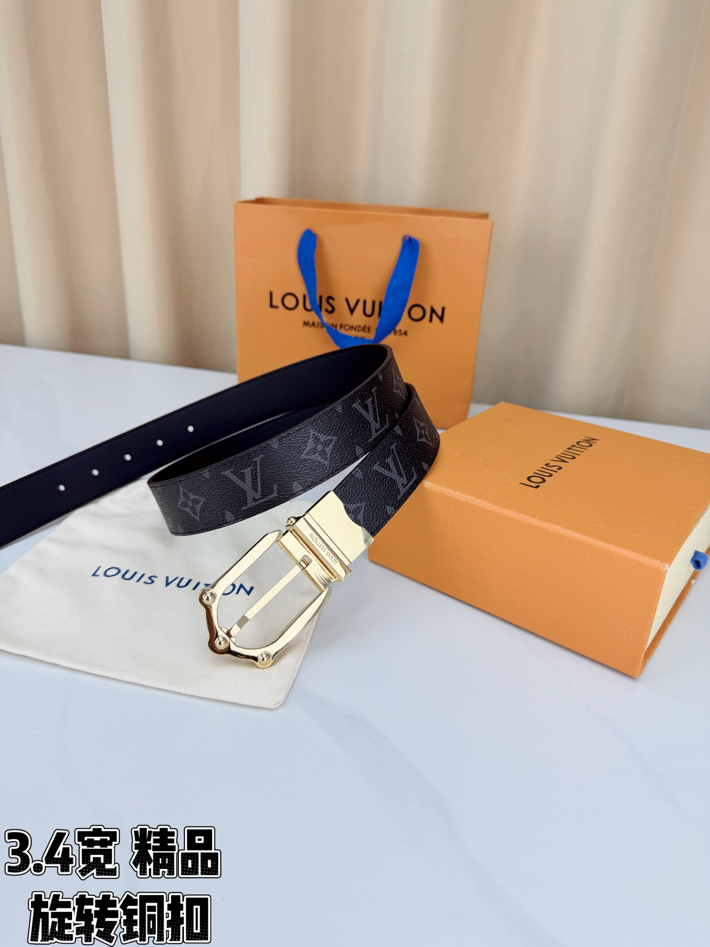 LV 3.4宽精品旋转铜扣腰带，黑老花涂层帆布，复古格纹经典耐看；铆钉马蹄针扣金/银/古白/古金四色色可选，可旋转双面结