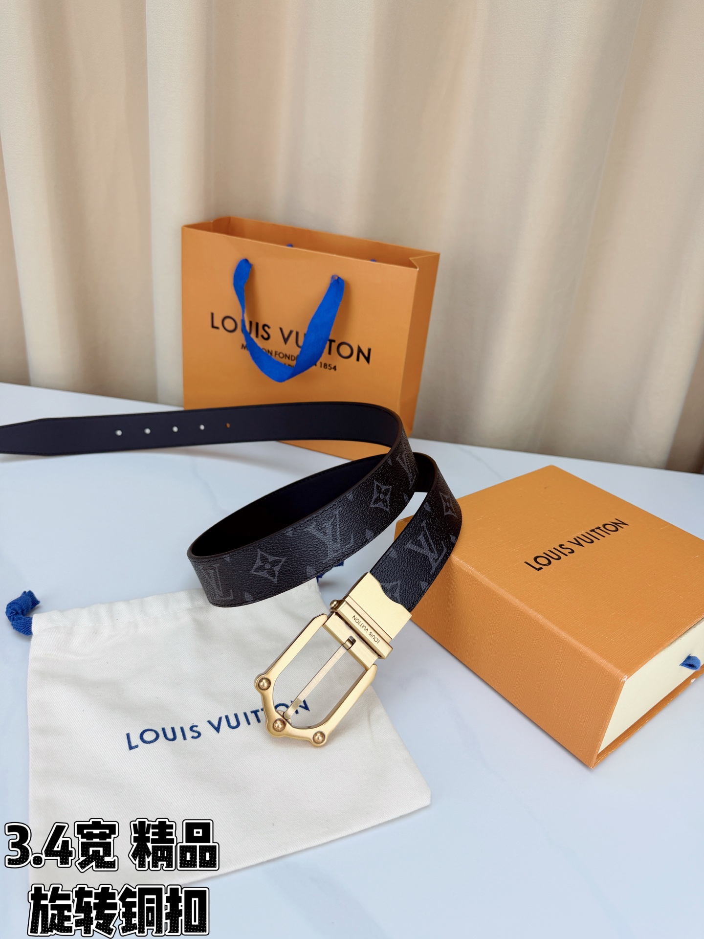 LV 3.4宽精品旋转铜扣腰带，黑老花涂层帆布，复古格纹经典耐看；铆钉马蹄针扣金/银/古白/古金四色色可选，可旋转双面结