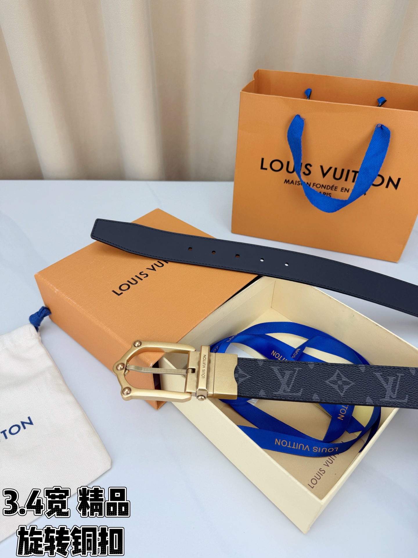 LV 3.4宽精品旋转铜扣腰带，黑老花涂层帆布，复古格纹经典耐看；铆钉马蹄针扣金/银/古白/古金四色色可选，可旋转双面结
