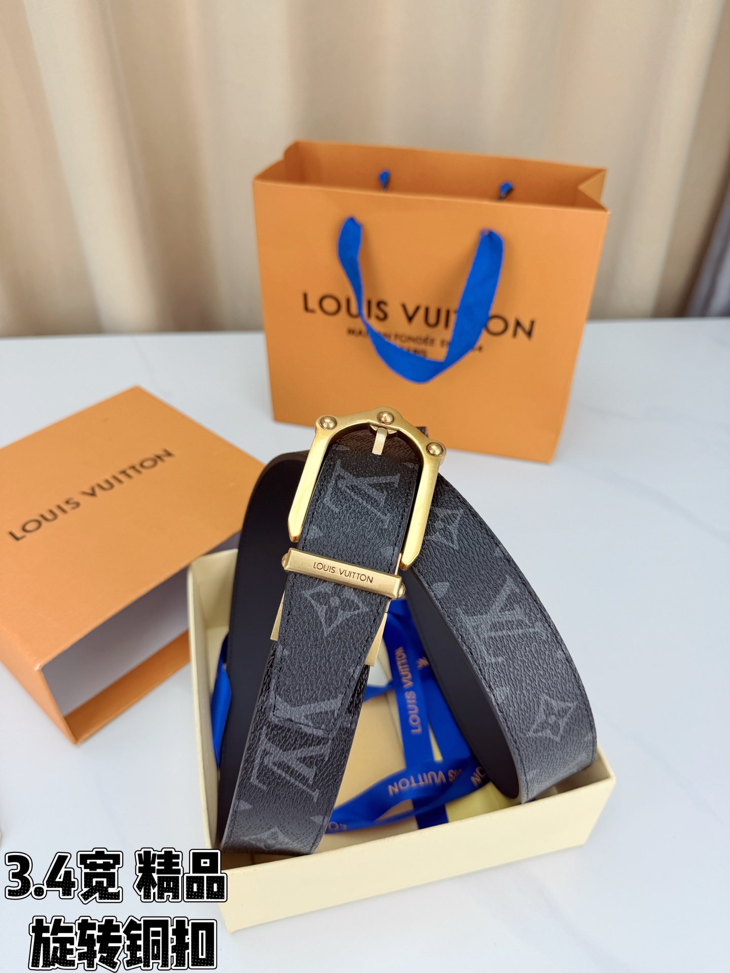 LV 3.4宽精品旋转铜扣腰带，黑老花涂层帆布，复古格纹经典耐看；铆钉马蹄针扣金/银/古白/古金四色色可选，可旋转双面结