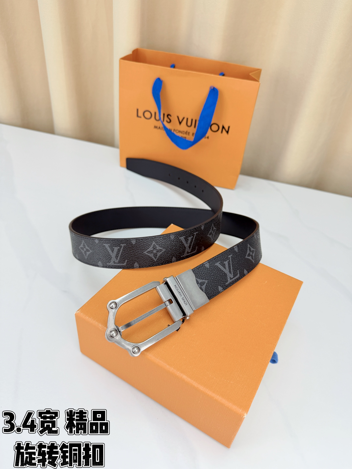 LV 3.4宽精品旋转铜扣腰带，黑老花涂层帆布，复古格纹经典耐看；铆钉马蹄针扣金/银/古白/古金四色色可选，可旋转双面结