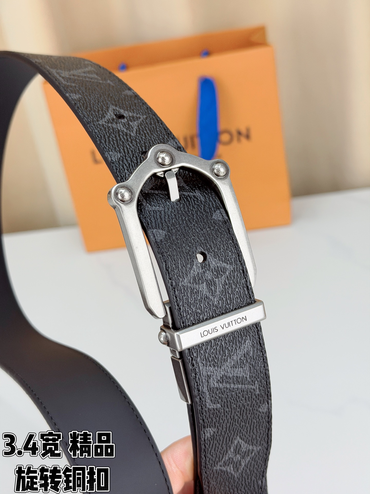 LV 3.4宽精品旋转铜扣腰带，黑老花涂层帆布，复古格纹经典耐看；铆钉马蹄针扣金/银/古白/古金四色色可选，可旋转双面结