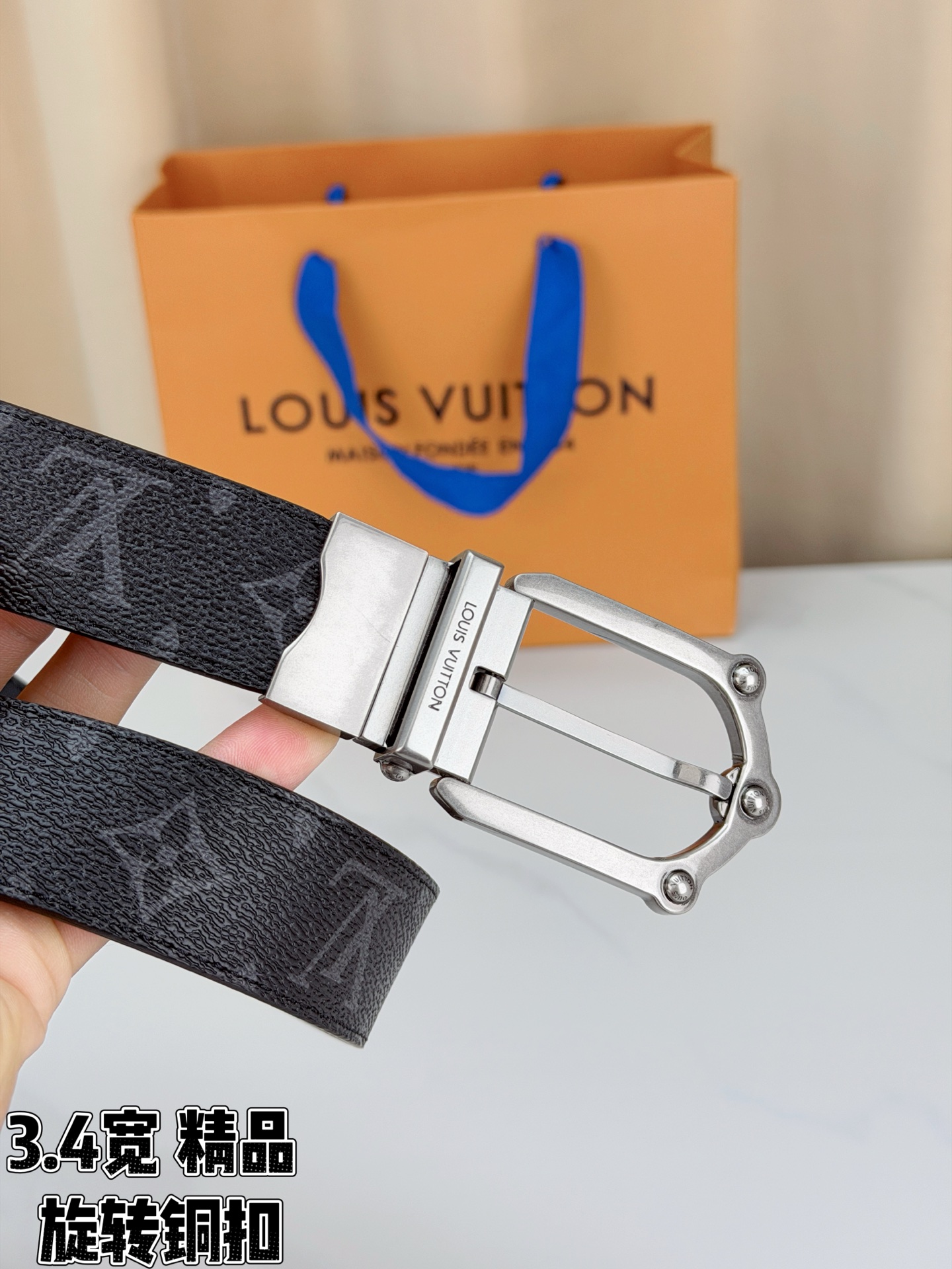 LV 3.4宽精品旋转铜扣腰带，黑老花涂层帆布，复古格纹经典耐看；铆钉马蹄针扣金/银/古白/古金四色色可选，可旋转双面结