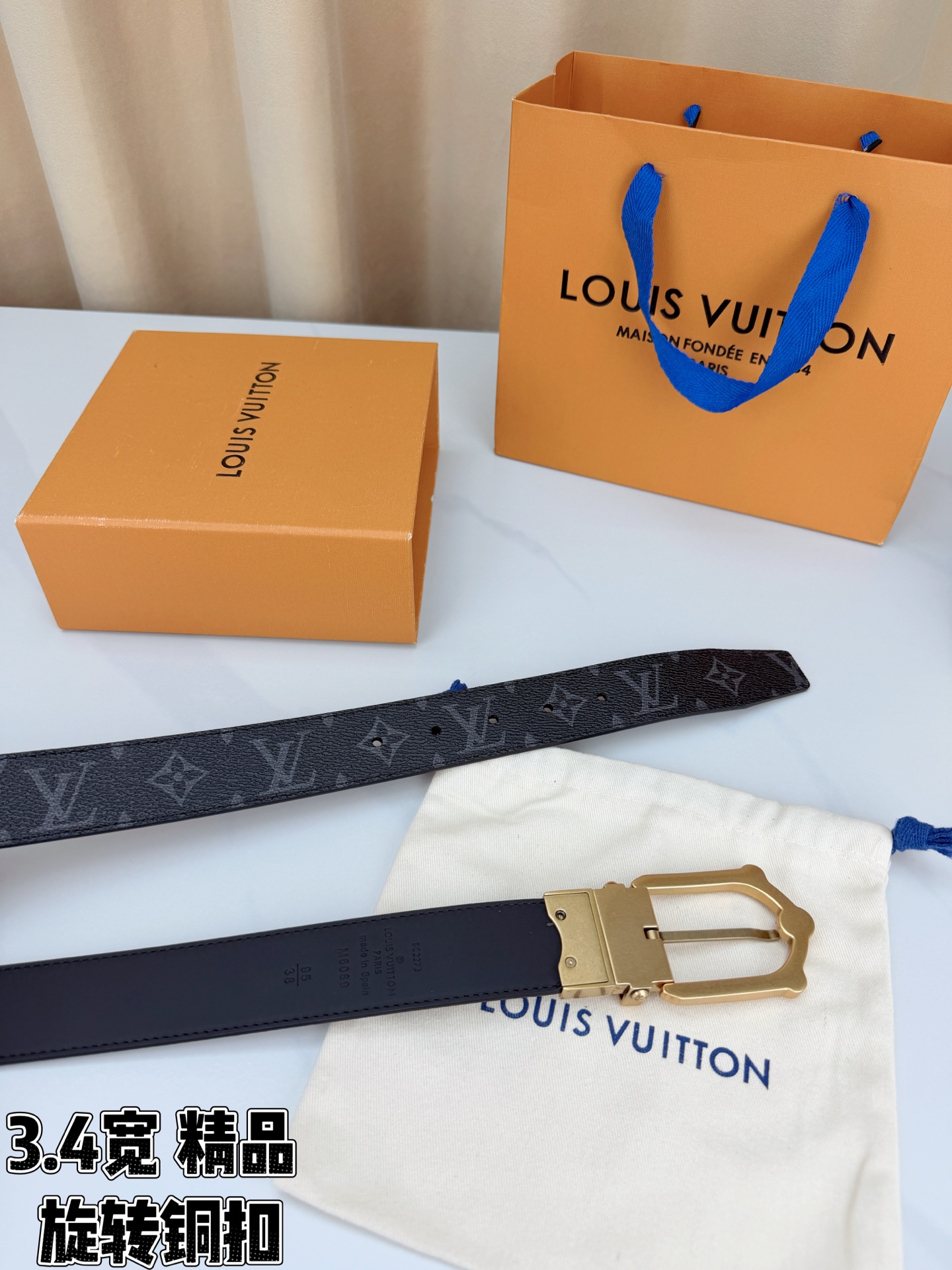 LV 3.4宽精品旋转铜扣腰带，黑老花涂层帆布，复古格纹经典耐看；铆钉马蹄针扣金/银/古白/古金四色色可选，可旋转双面结