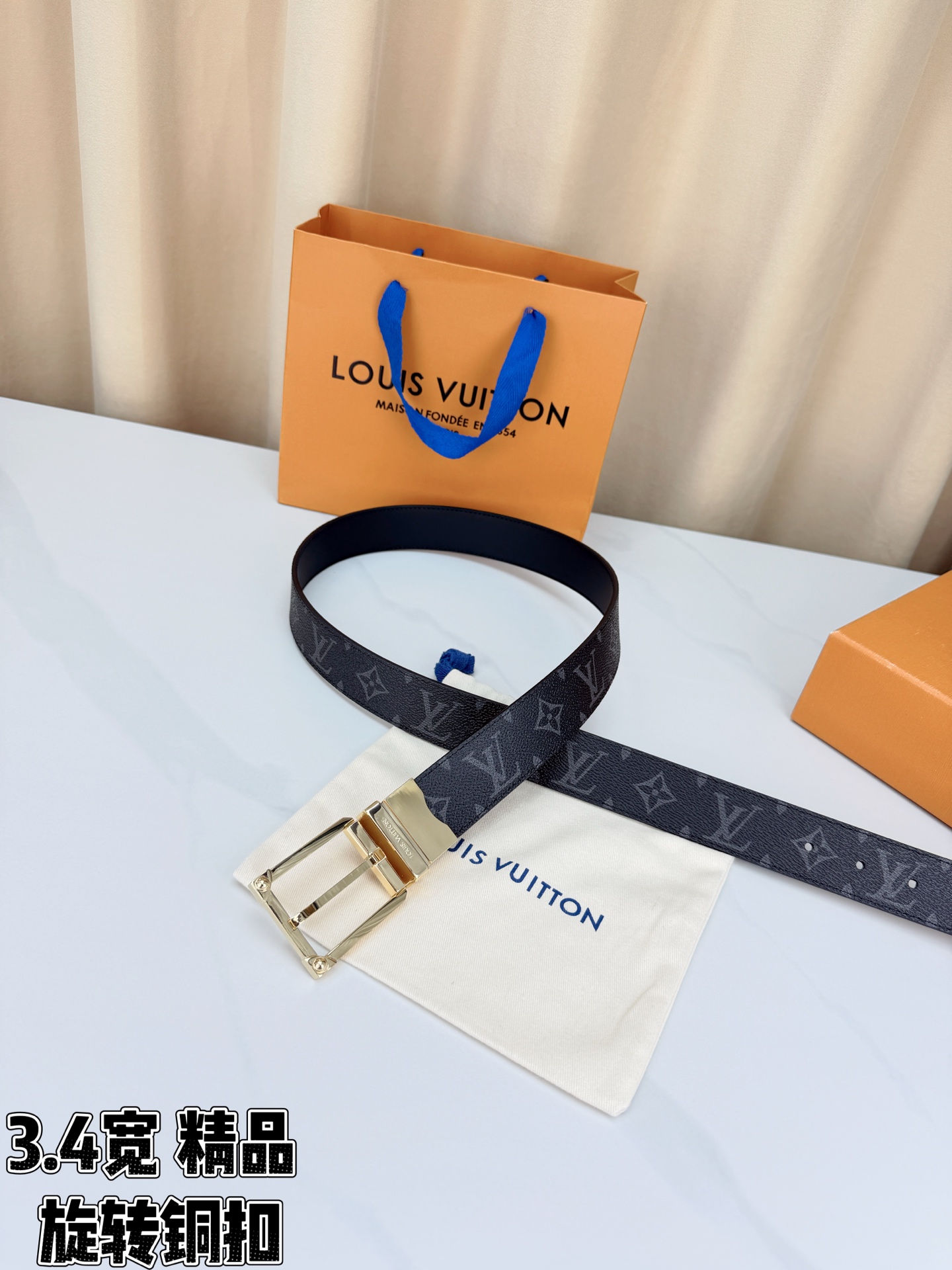 LV 3.4宽精品旋转铜扣腰带，黑灰老花涂层帆布，暗纹Monogram低调沉稳；方形铆钉针扣银/金/枪/沙黑四色可选，可