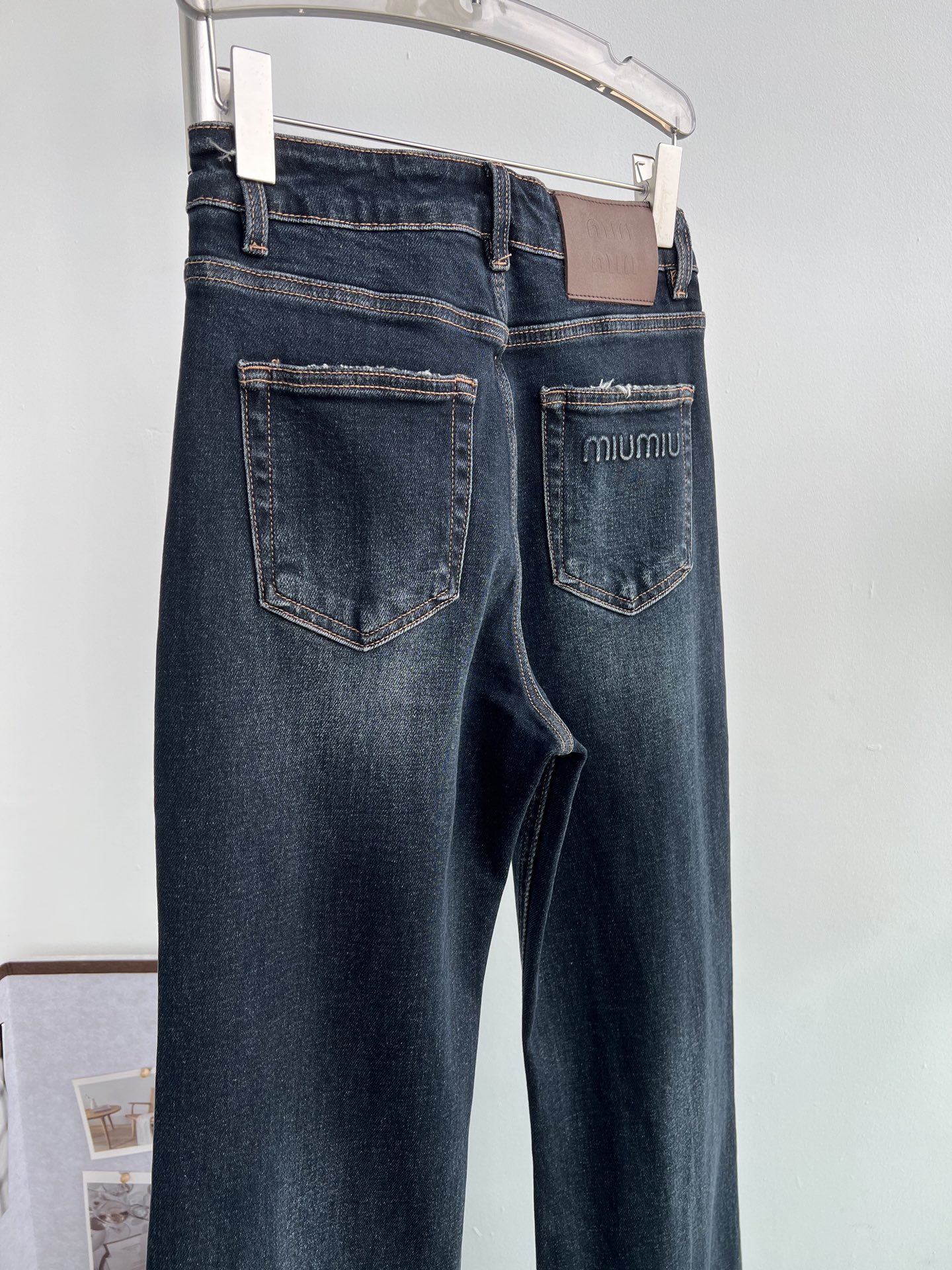 Miu Miu Vintage High-Waisted Flare Jeans, Gray-Blue Wash, Logo Detail 7 i1759659252395 3563 0 5