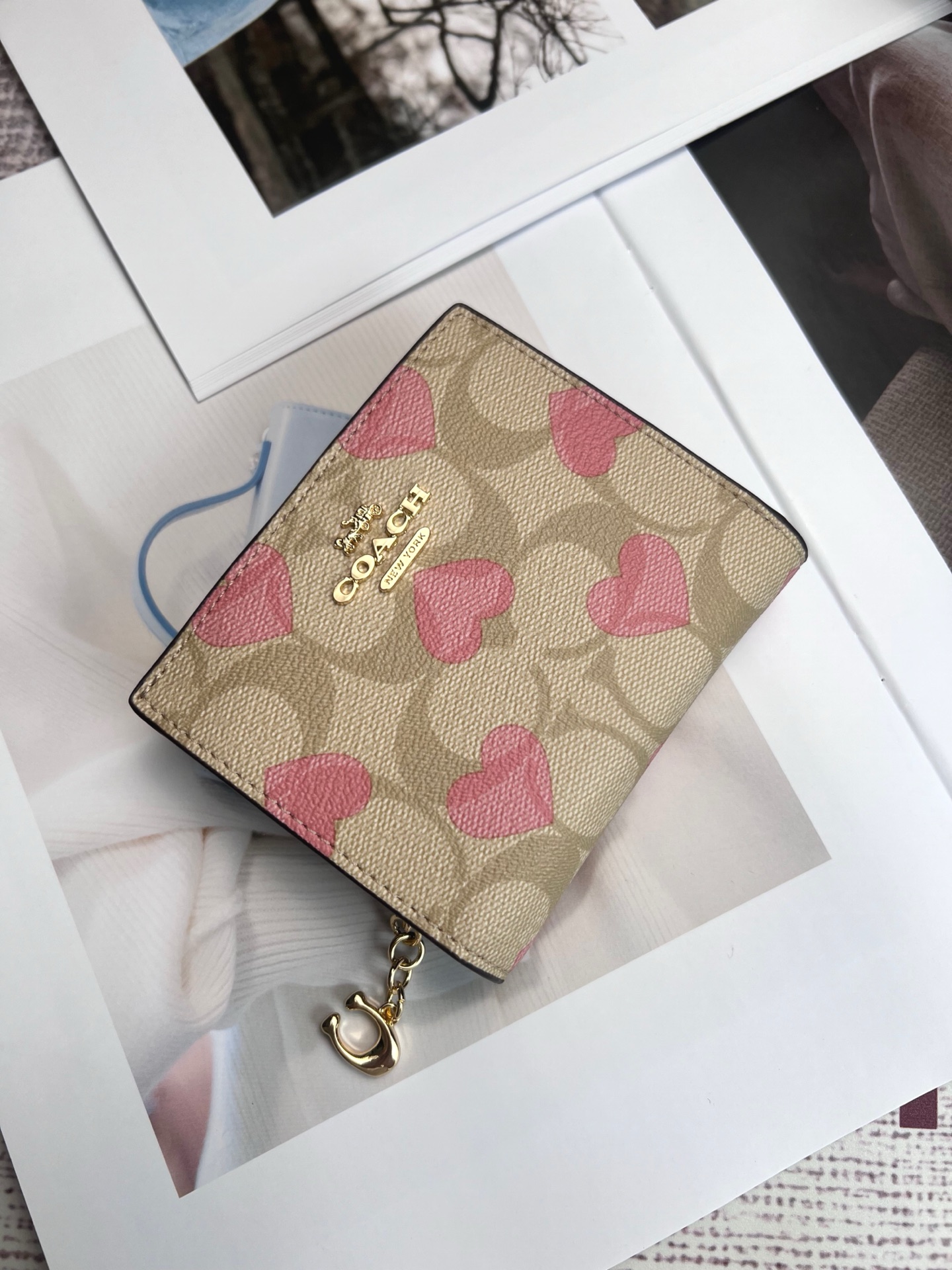 Coach ～蔻驰CQ145女士短款拉链小钱包 甜甜的爱情是Coach给的 小爱心设计好甜好可爱啊 浅浅的粉色～ 不夸张～ 招人爱 链条 还带小c标点缀 卡位大钞阁拉链零钱包袋齐全 能装下五六张卡左右