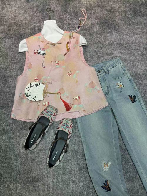 Panda & Peach Embroidered Top with Matching Jeans & Shoes Set, Size S-XL 11 Panda & Peach Embroidered Top with Matching Jeans & Shoes Set, Size S-XL