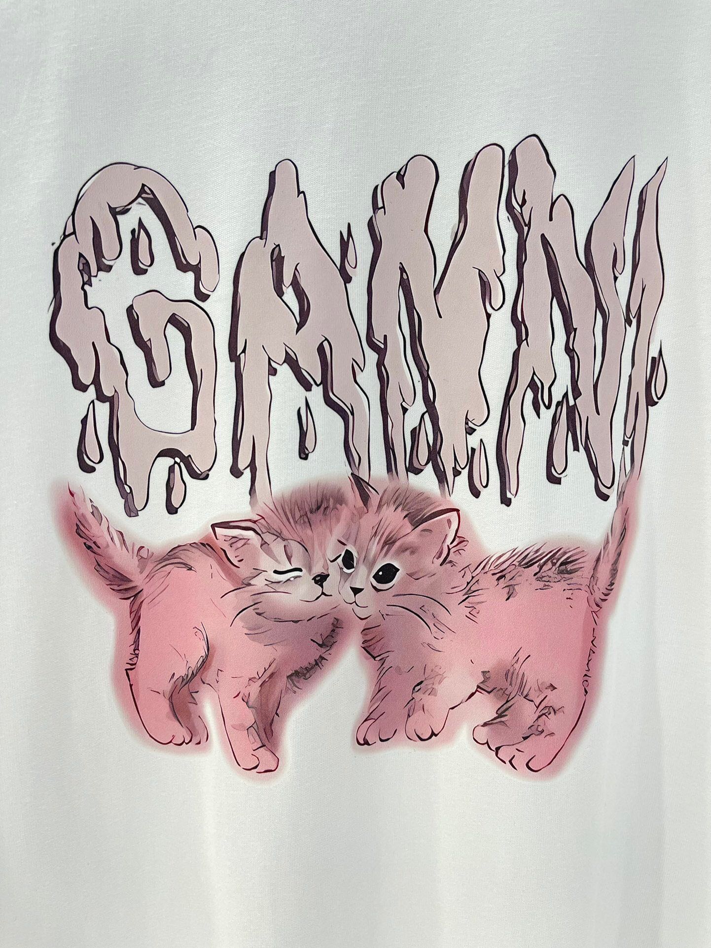 独家首发高端原单品质GAN*I24/新款印花胸前粉色猫咪logo字母图案短袖T恤低调高级经典版型上身巨显