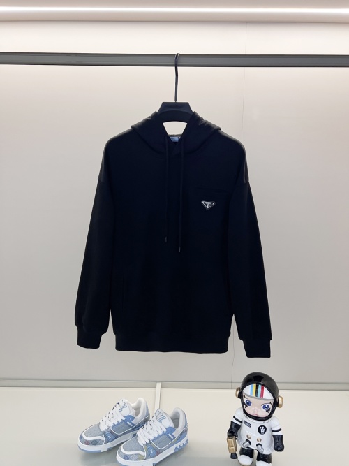 Prada Cotton Hoodie with Triangle Logo Patch, Black and White Options