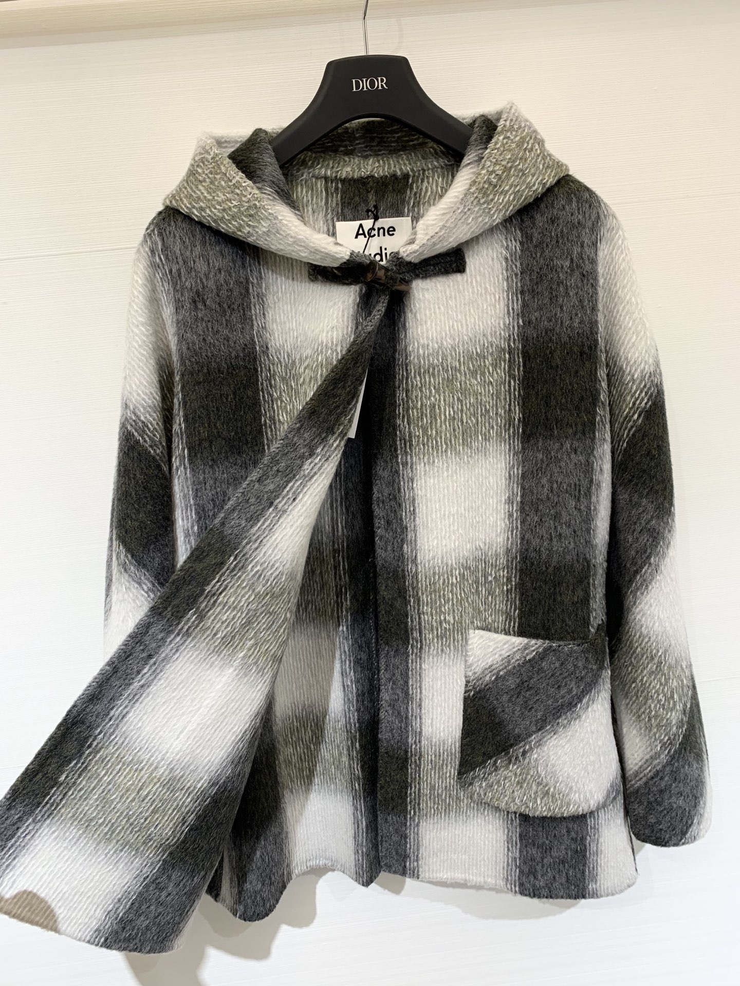 Acnestudios 2025早秋新款 一粒扣格纹连帽双面羊毛大衣 中长款的长度 yb定制羊毛桑蚕丝牦