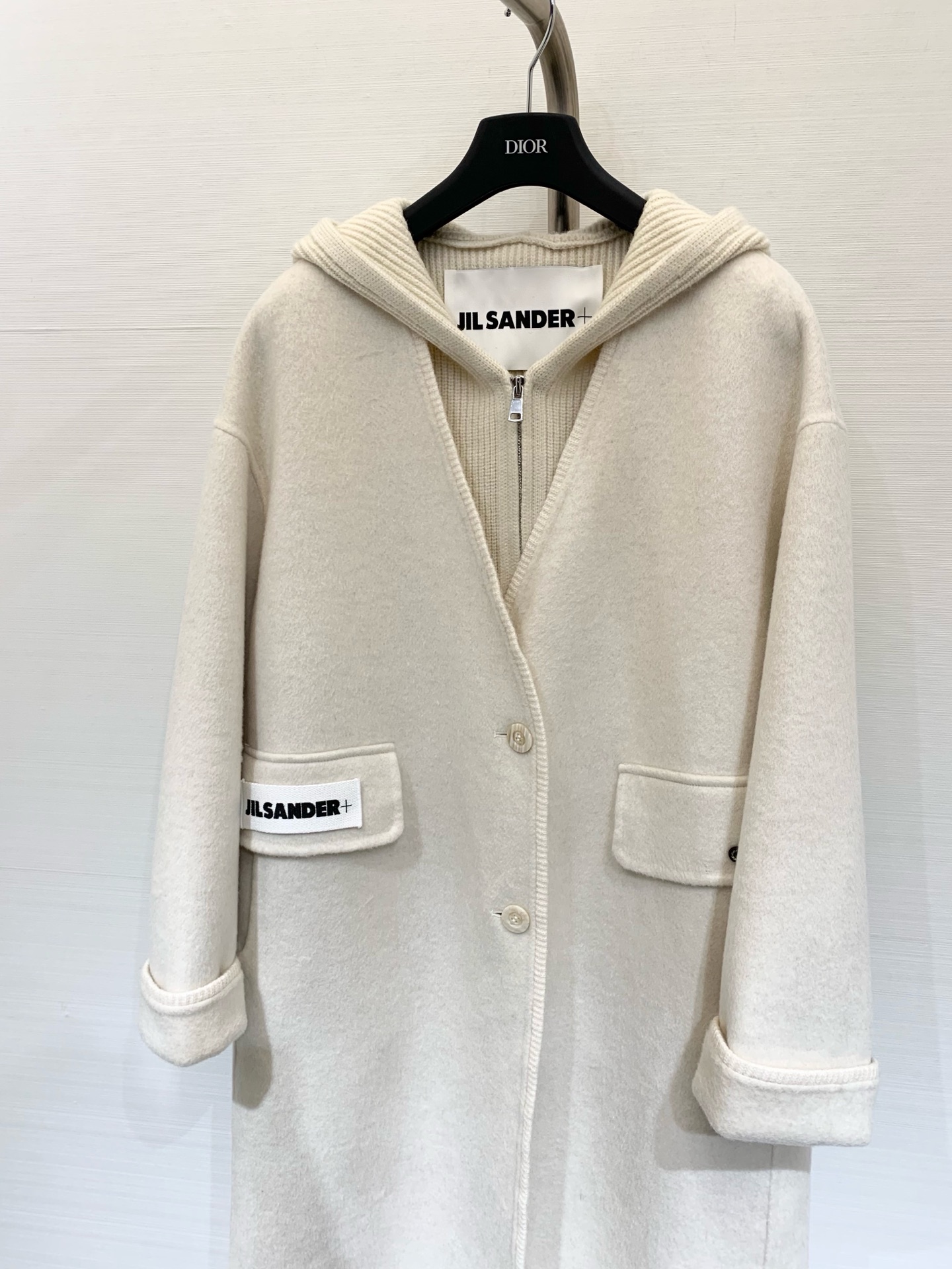 JILSANDER 25秋冬新品 高奢极简风两件套长款大衣 拼接针织连帽马甲+单排扣双面羊绒大衣 休闲高