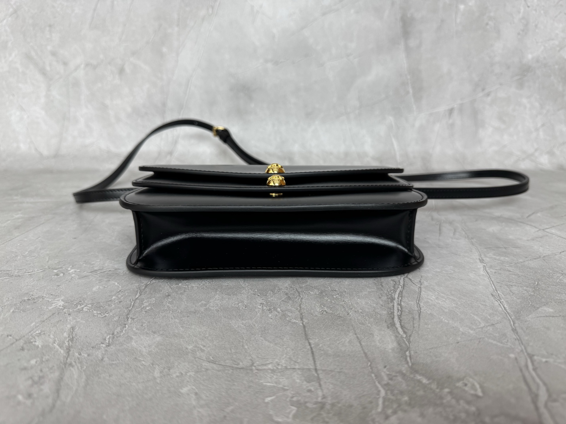 Black Leather Double Ball Stud Flap Crossbody Bag