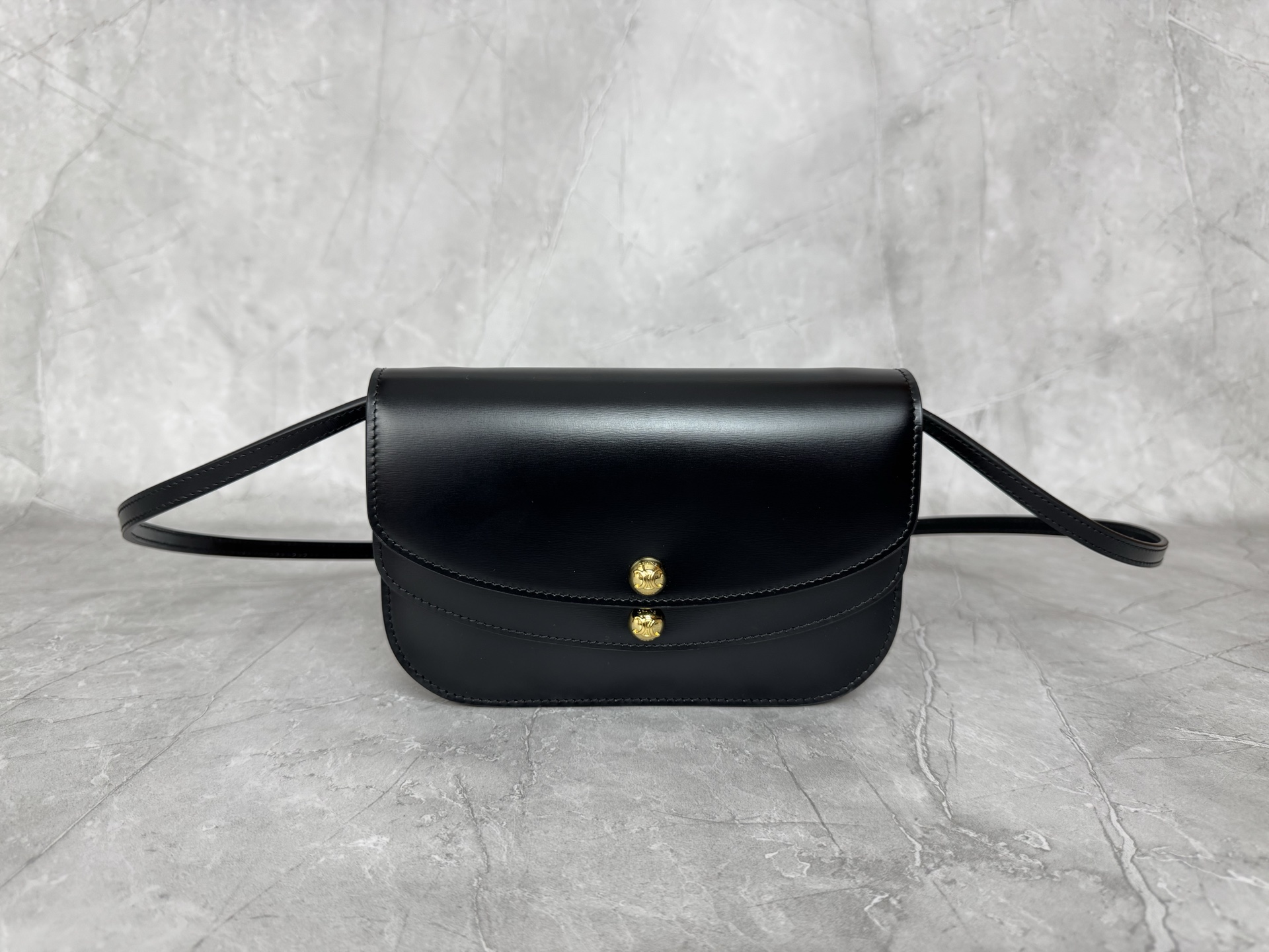 Black Leather Double Ball Stud Flap Crossbody Bag