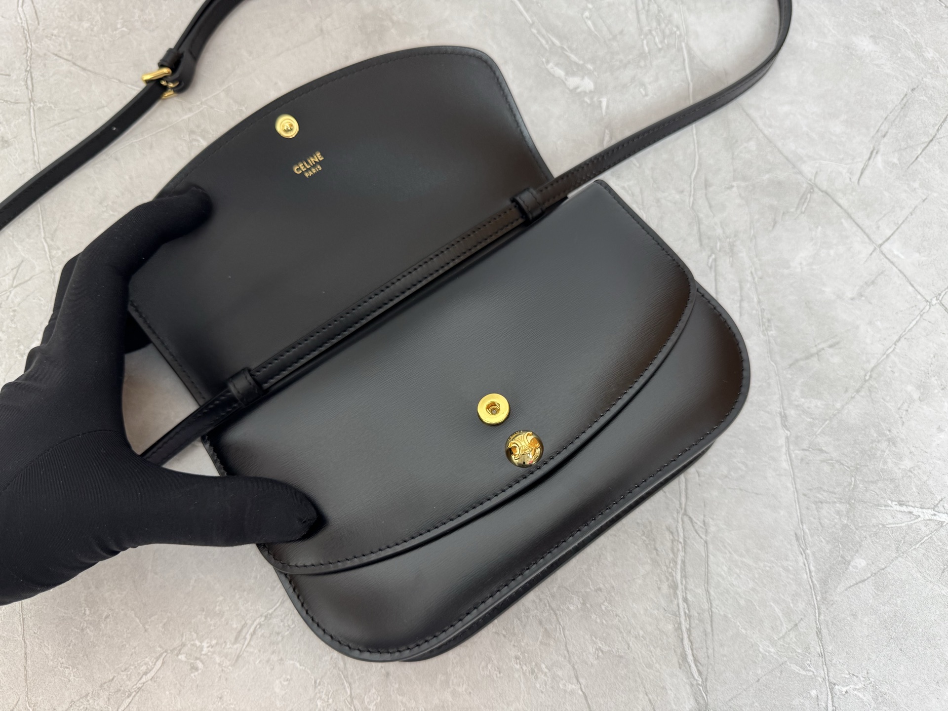 Black Leather Double Ball Stud Flap Crossbody Bag