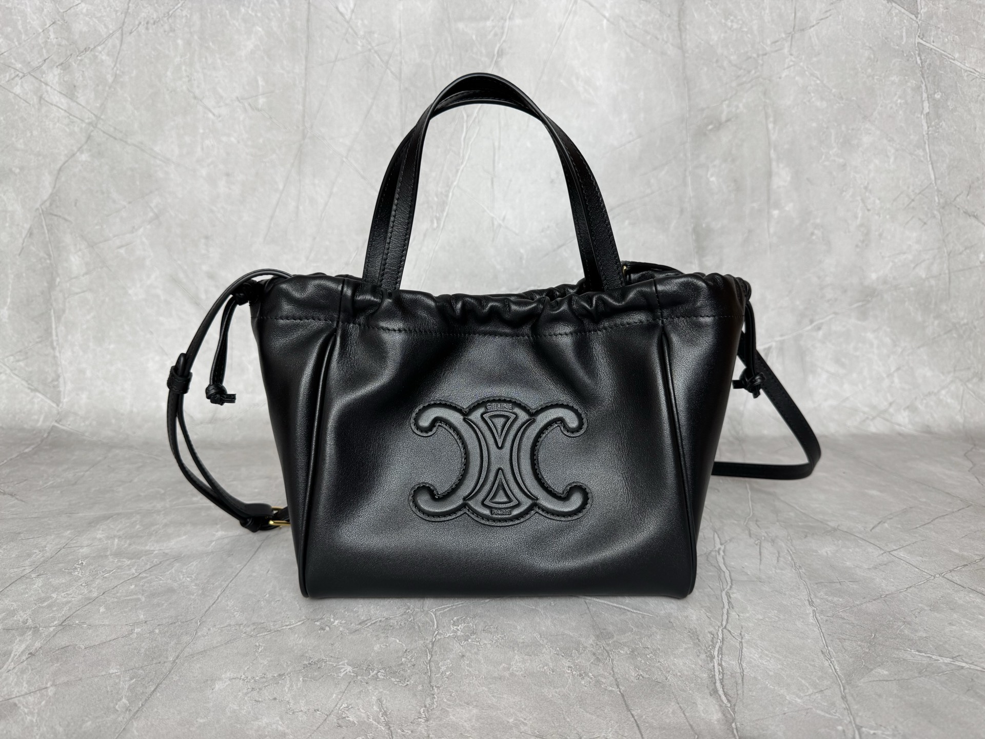 Celine Triomphe Leather Drawstring Tote Handbag