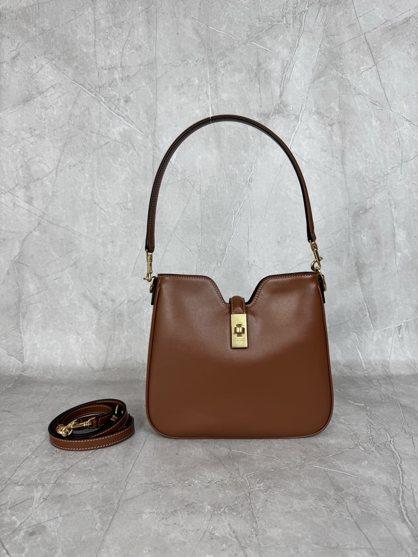 Celine Leather Turn Lock Bucket Shoulder Bag