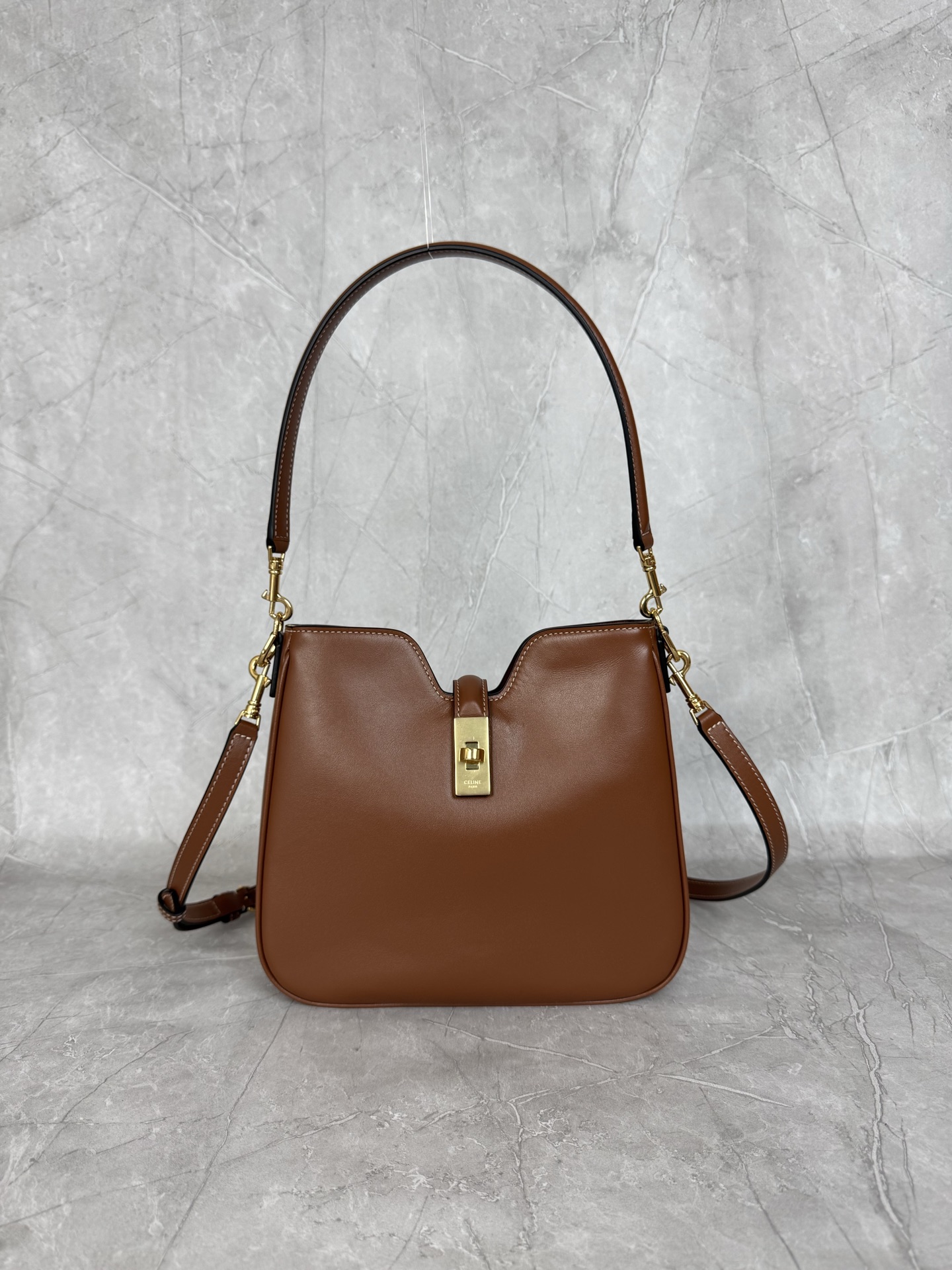 Celine Leather Turn Lock Bucket Shoulder Bag