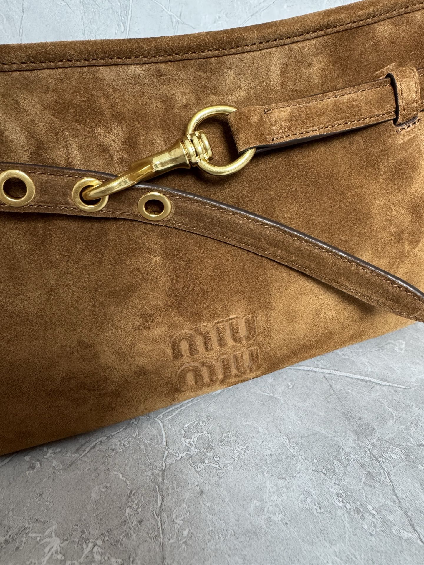 MIU MIU Suede Shoulder Bag with Belted Hook Detail