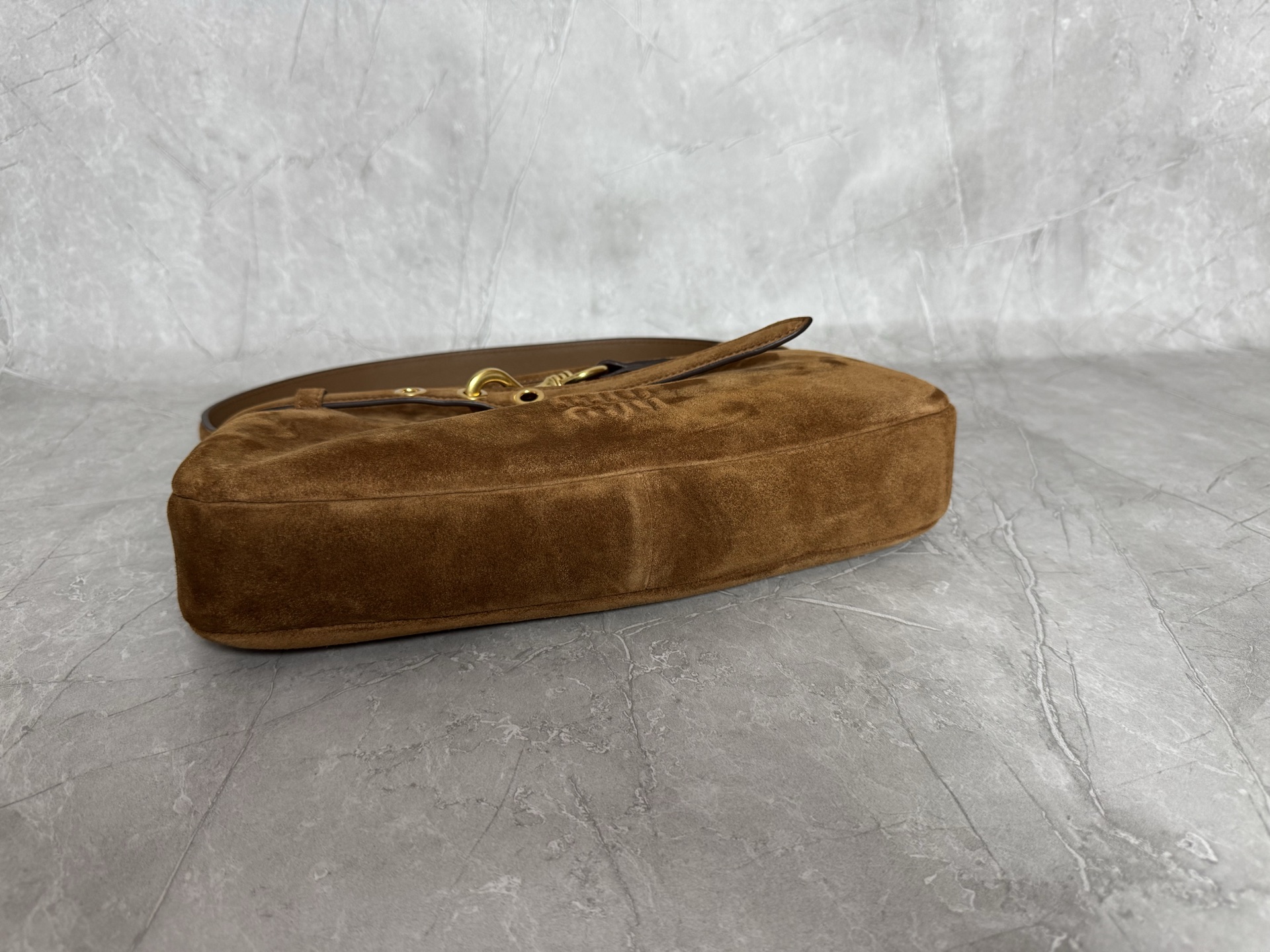 MIU MIU Suede Shoulder Bag with Belted Hook Detail