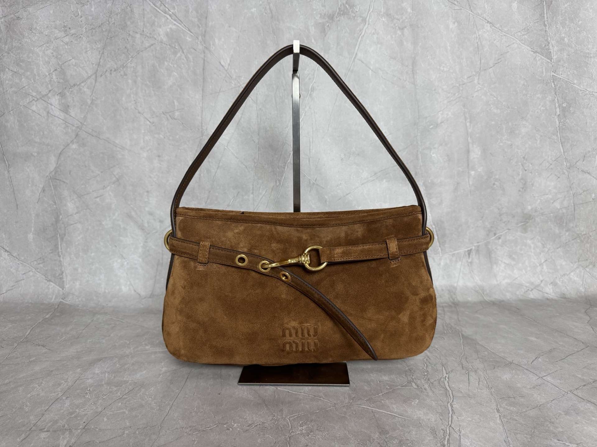 MIU MIU Suede Shoulder Bag with Belted Hook Detail