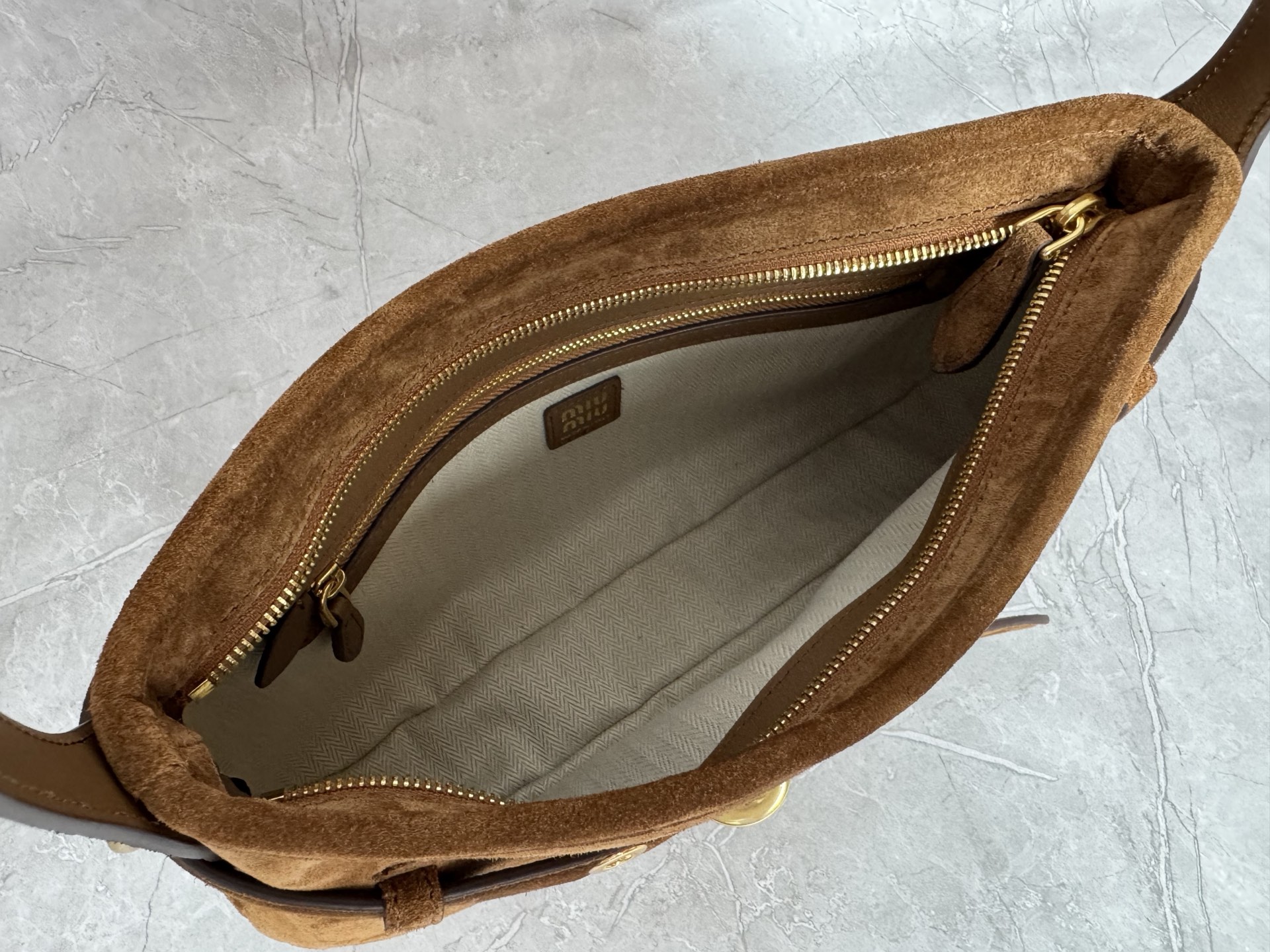 MIU MIU Suede Shoulder Bag with Belted Hook Detail