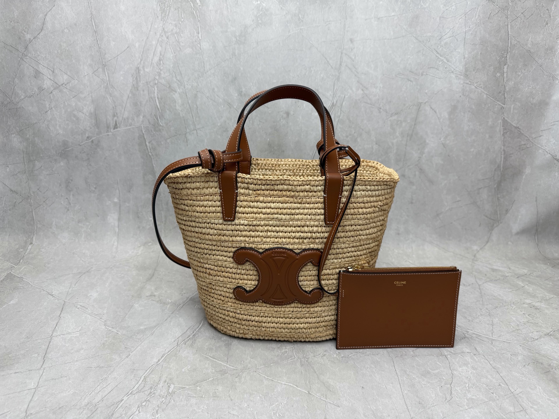 Celine Triomphe Raffia Basket Tote
