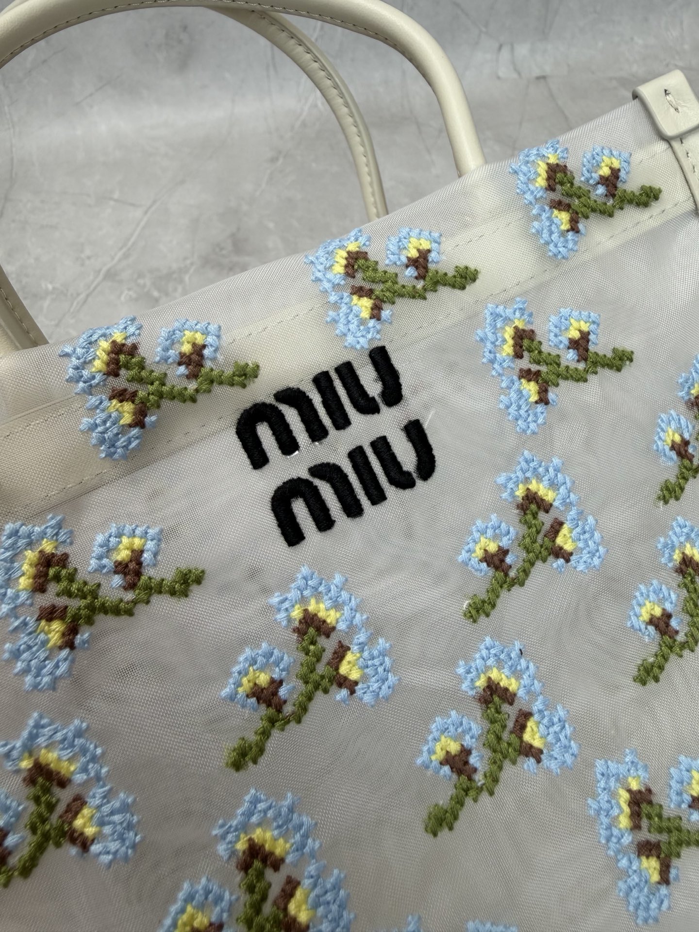 Miu Miu White Floral Mesh Tote Bag