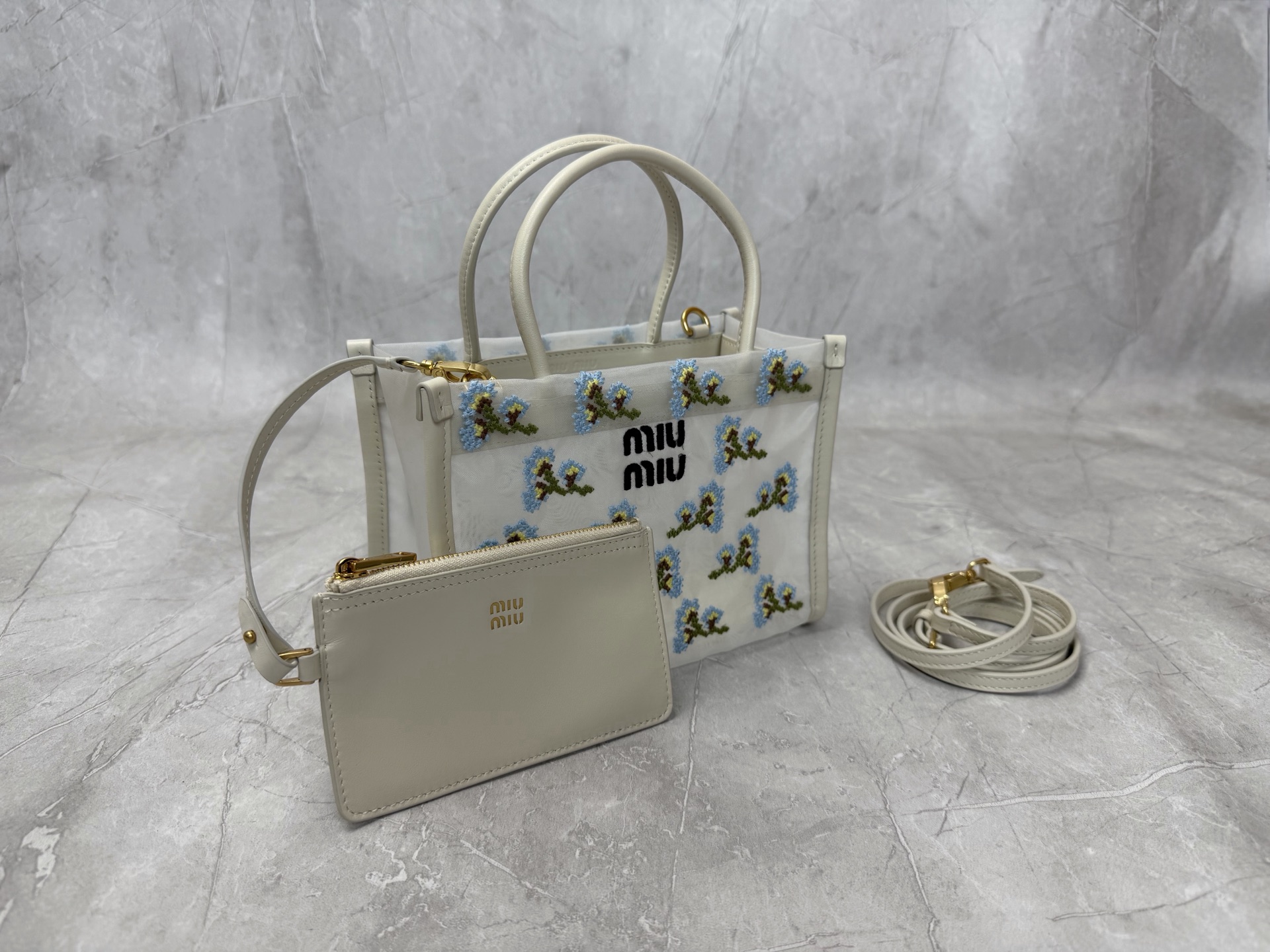 Miu Miu White Floral Mesh Tote Bag
