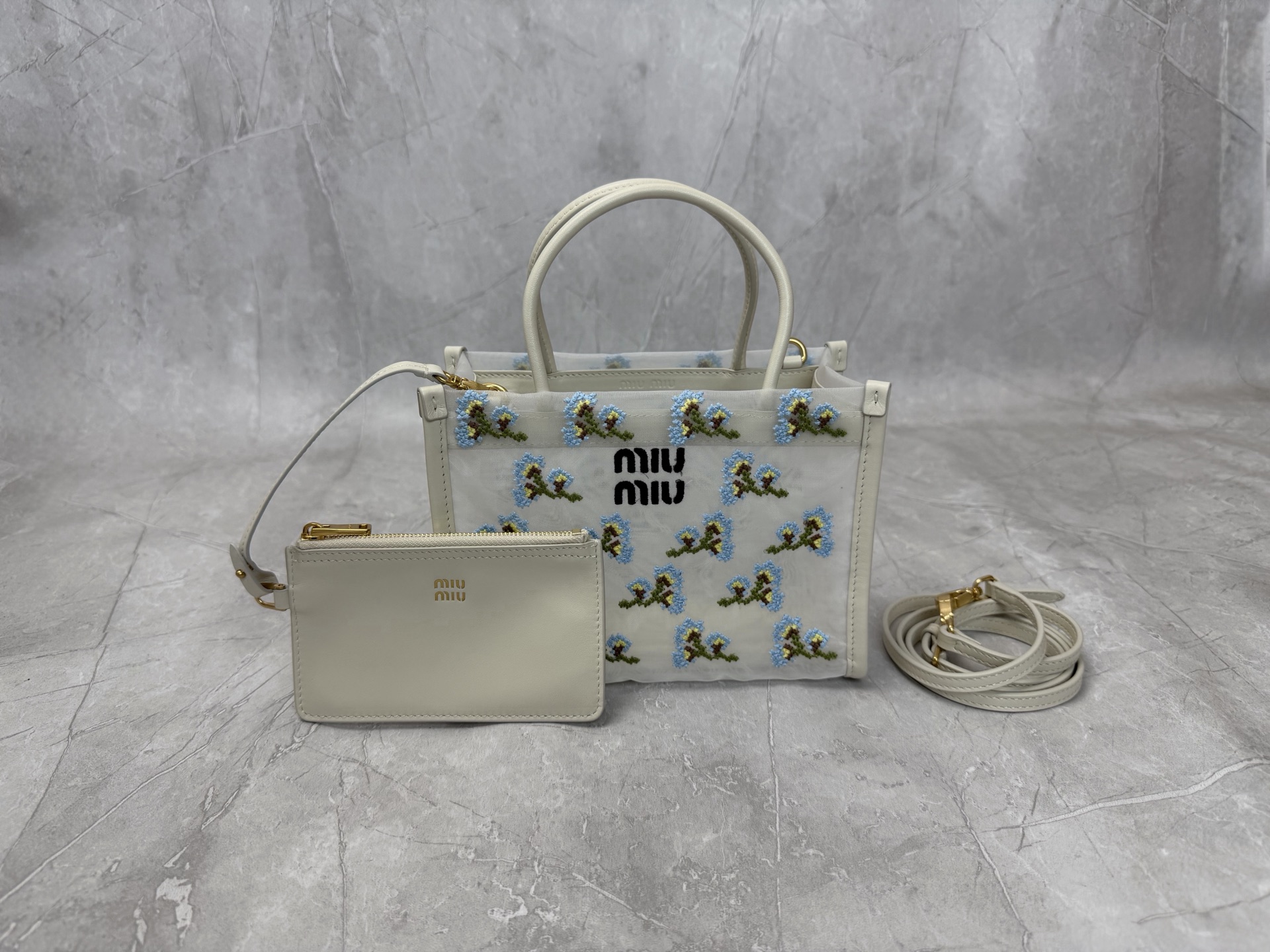 Miu Miu White Floral Mesh Tote Bag