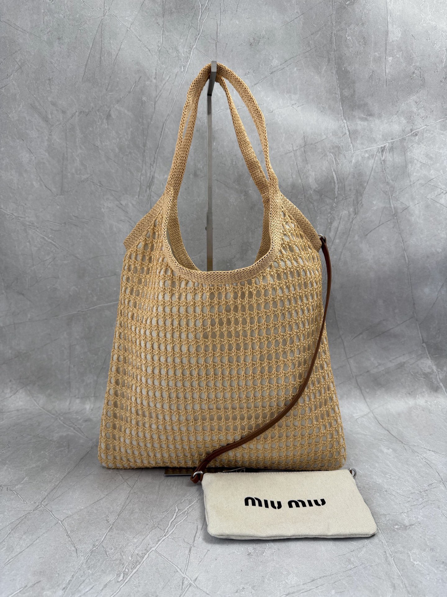 MIU MIU Beige Openwork Logo Tote Bag