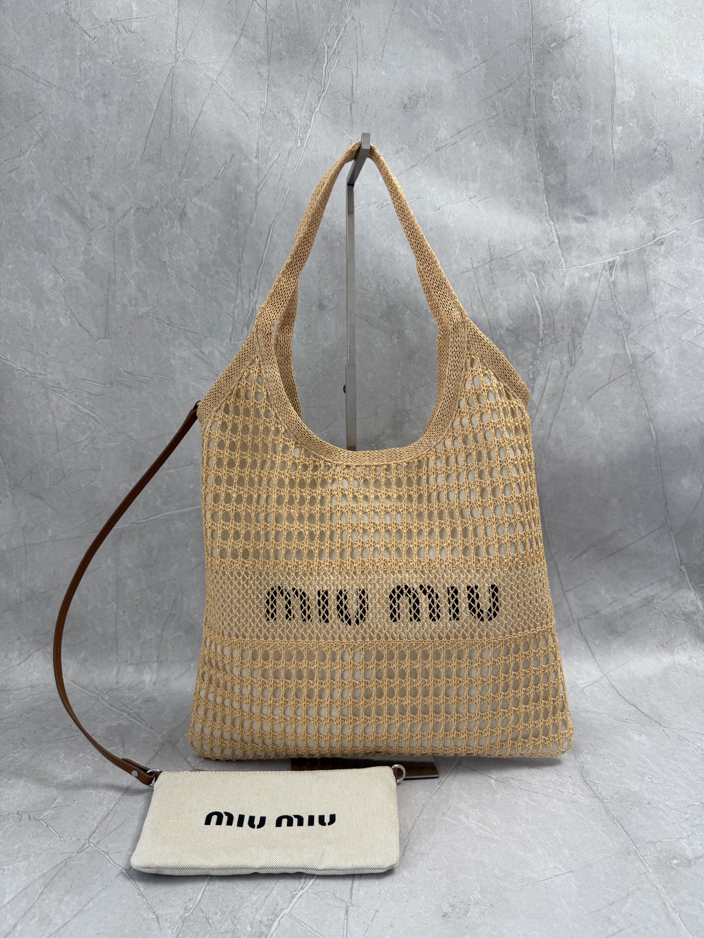 MIU MIU Beige Openwork Logo Tote Bag