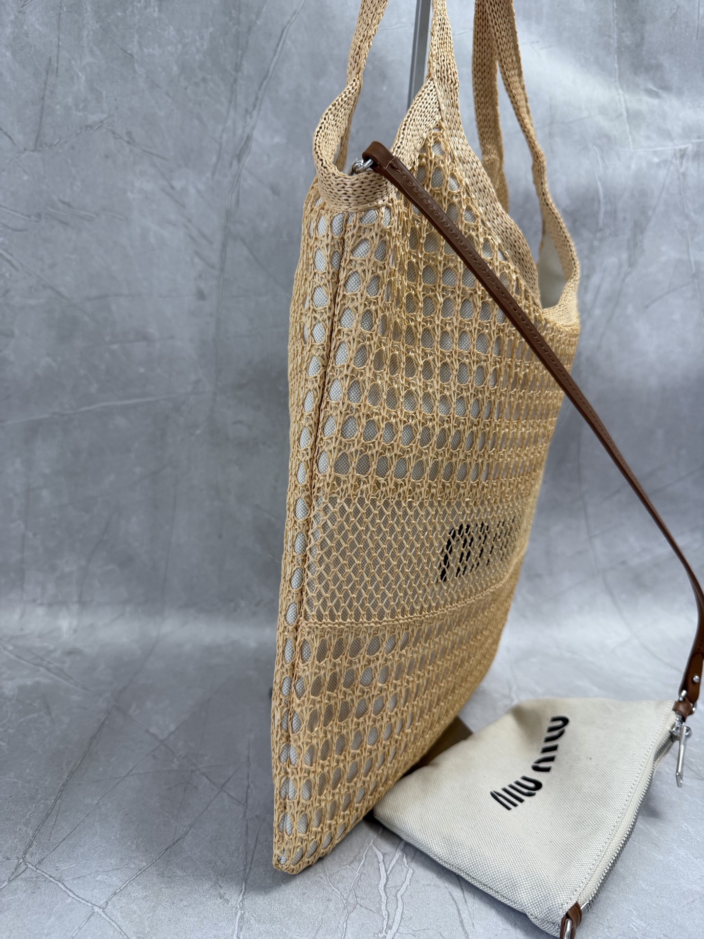 MIU MIU Beige Openwork Logo Tote Bag