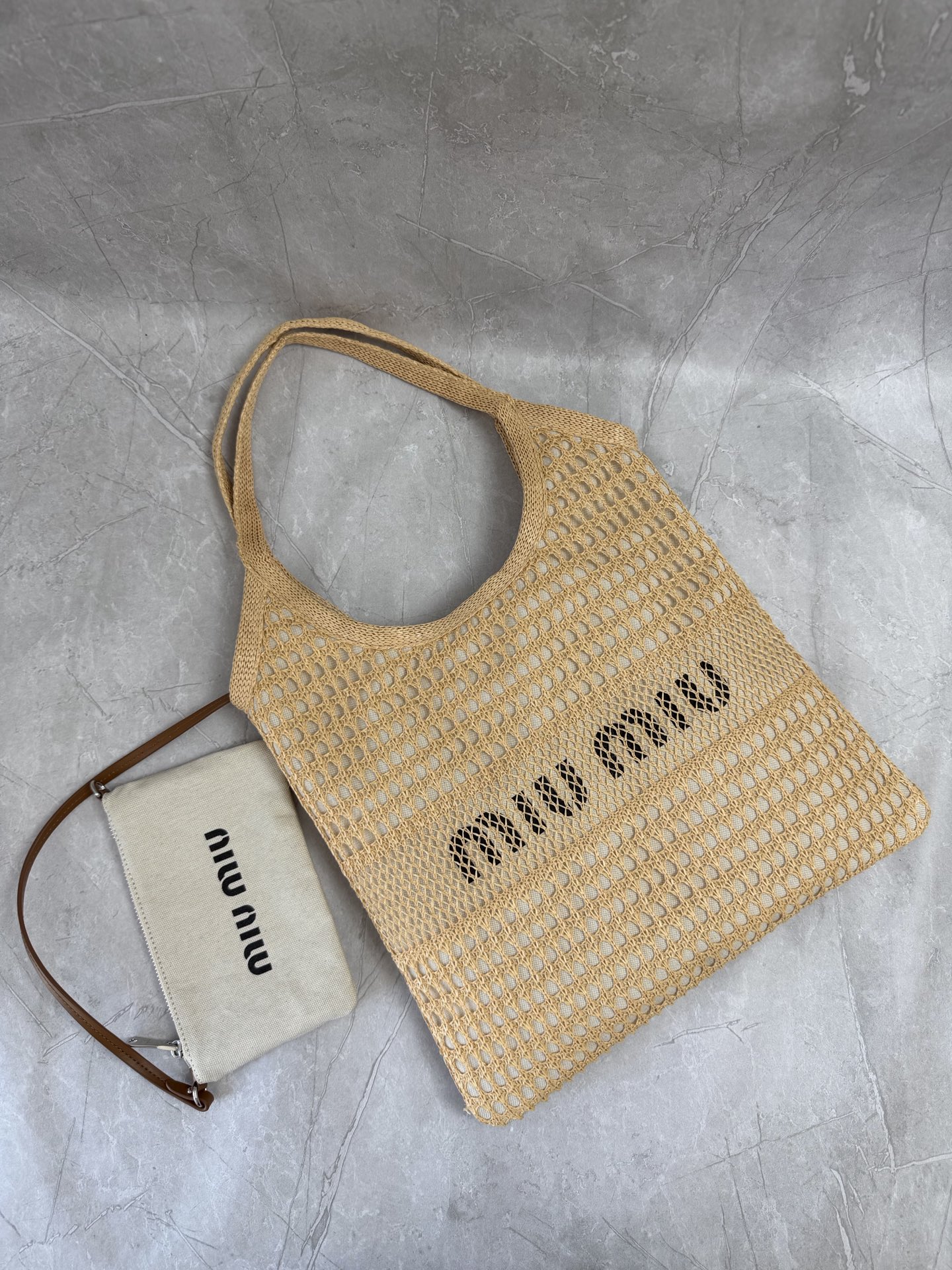 MIU MIU Beige Openwork Logo Tote Bag