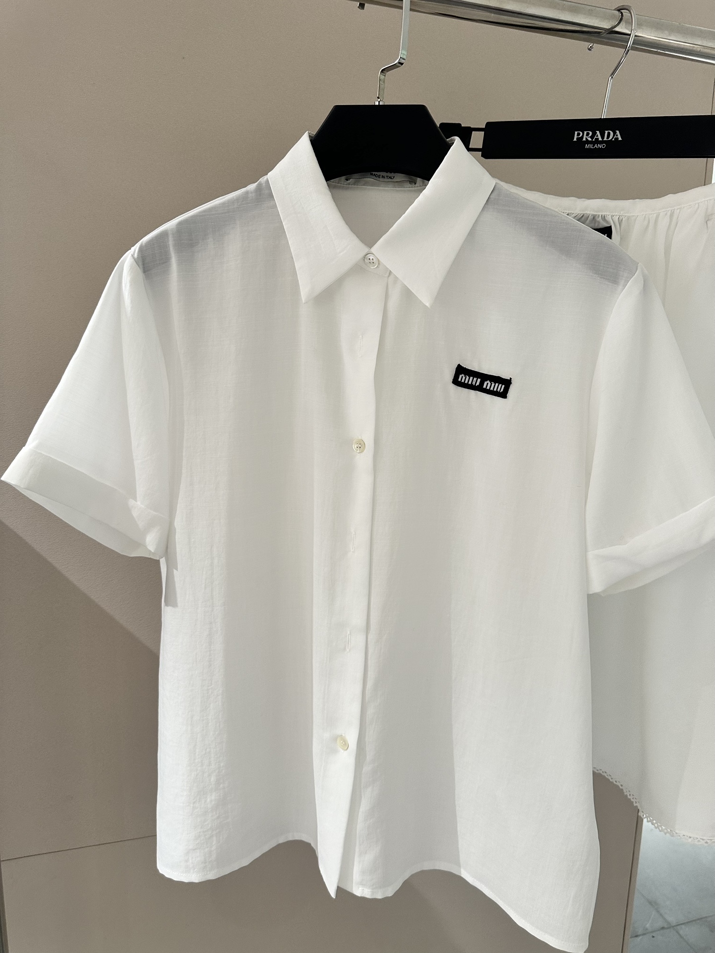 Miu Miu White Cotton-Linen Blend Short Sleeve Shirt with Logo Embroidery