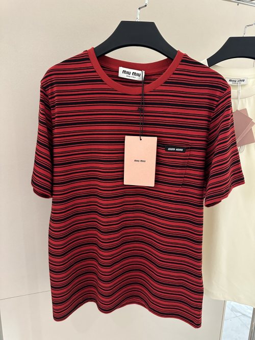 Miu Miu Striped T-Shirt with Logo Patch, Red and Black 1 Miu Miu Striped T-Shirt with Logo Patch, Red and Black